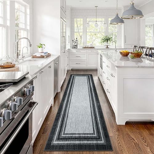 Beeiva Alfombra de borde para pasillos, 2 x 8 pulgadas, color negro, moderna, con respaldo de goma, alfombras de pasillo de cocina lavables,