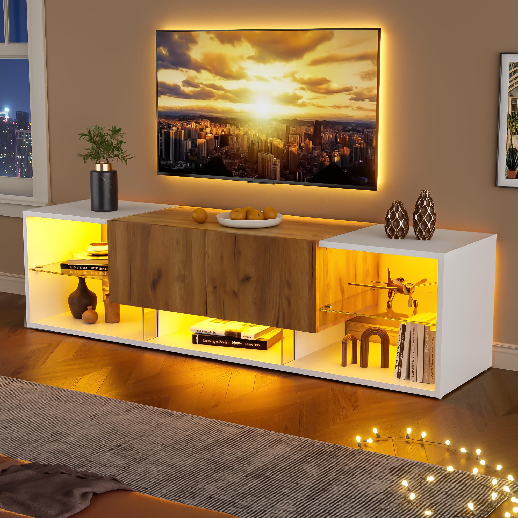 BTM TV Stand with 2 Drawer, 70inch TV Cabinet Storage Sideboard with LED, for livingroom, Dining Room, Bedroom, MDF, Wood and White โ image 1