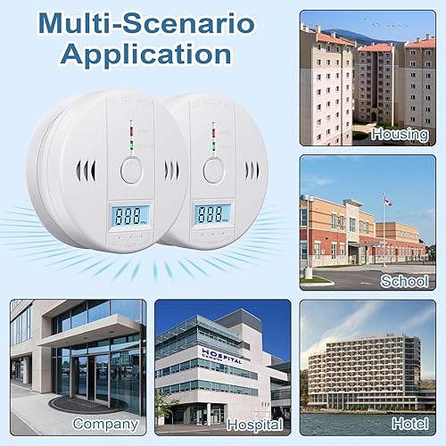 Miniatura 8 de 1 paquete de detectores de monóxido de carbono alimentados por batería, alarma de monóxido de carbono con pantalla digital LED, alarma de CO con