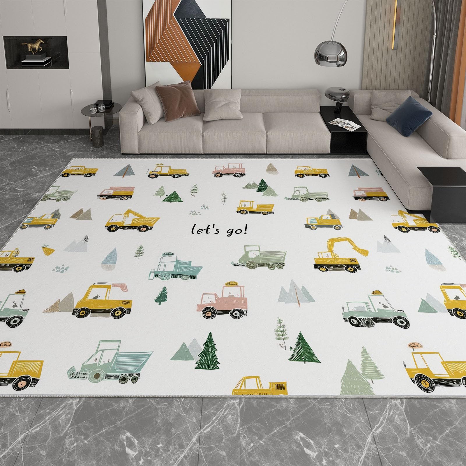 Tappeto Lavabile 80 x 150 cm Cartone Animato Veicolo Costruzione Alberi, Tappeto Antiscivolo Pelo Corto Bianco - Tappeti Antimacchia Resistente, Tappeti per Soggiorno Cameretta Bambini Animali