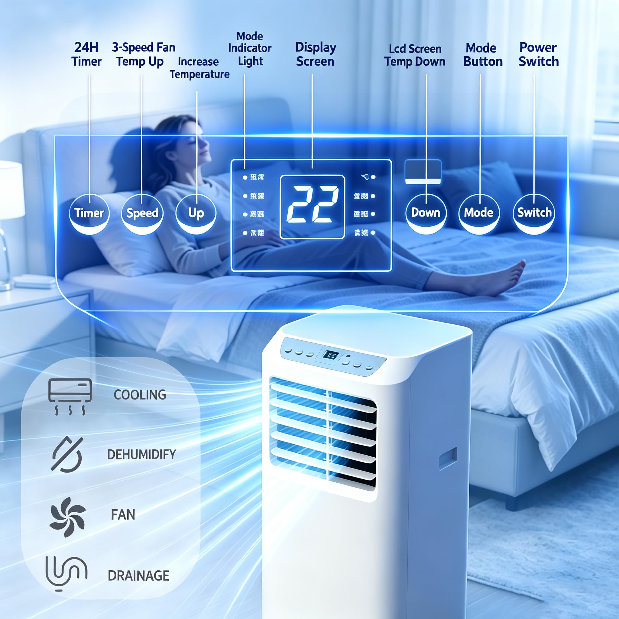 Climatiseur portable silencieux, refroidisseur mobile compact avec filtre à poussière et drainage continu, écran LED et télécommande, pour chambre ou appartement 12000btu