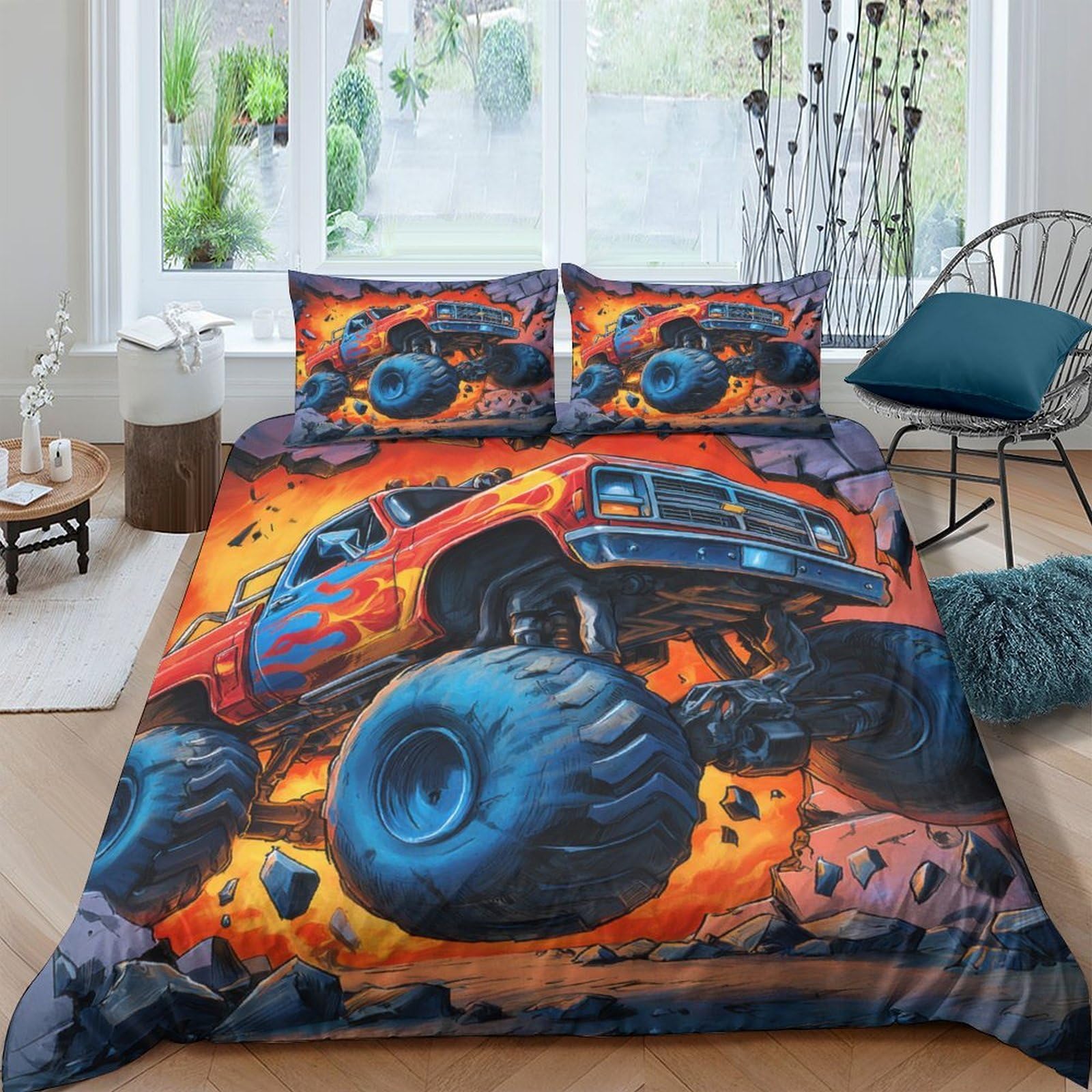 GPLZQXKJNH 3D Printed Monster Truck Duvet Cover Microfiber Soft Bedding Set with 2 Pillowcases, Off-Road Flames, for Bedroom Decor Single（135x200cm）