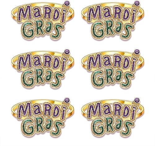 6 servilleteros Mardi Gras máscara con purpurina Fleur De Lis para juego de mesa servilletero de martes gruesos anillos para fiesta de máscaras