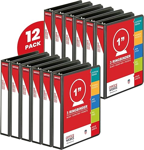 Carpeta de 3 anillas, paquete de 12 carpetas de vista de 1 pulgada con anillos redondos, carpeta de presentación de 8.5 x 11 pulgadas con bolsillos,