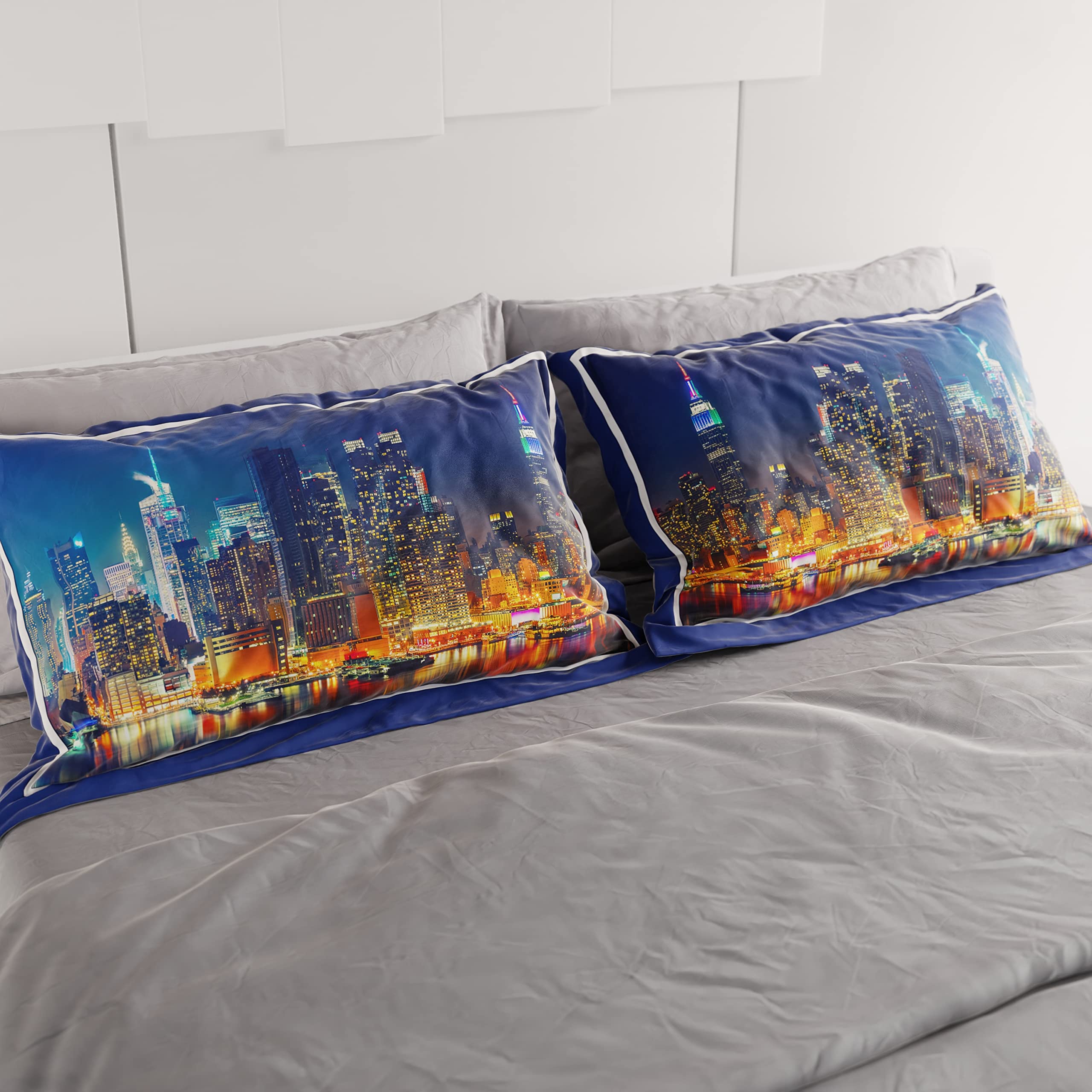 PETTI Artigiani Italiani, Blue City Pillowcases, Pair of 52 x 82 cm Hypoallergenic Microfibre Pillowcases, Modern Pattern - Image 2