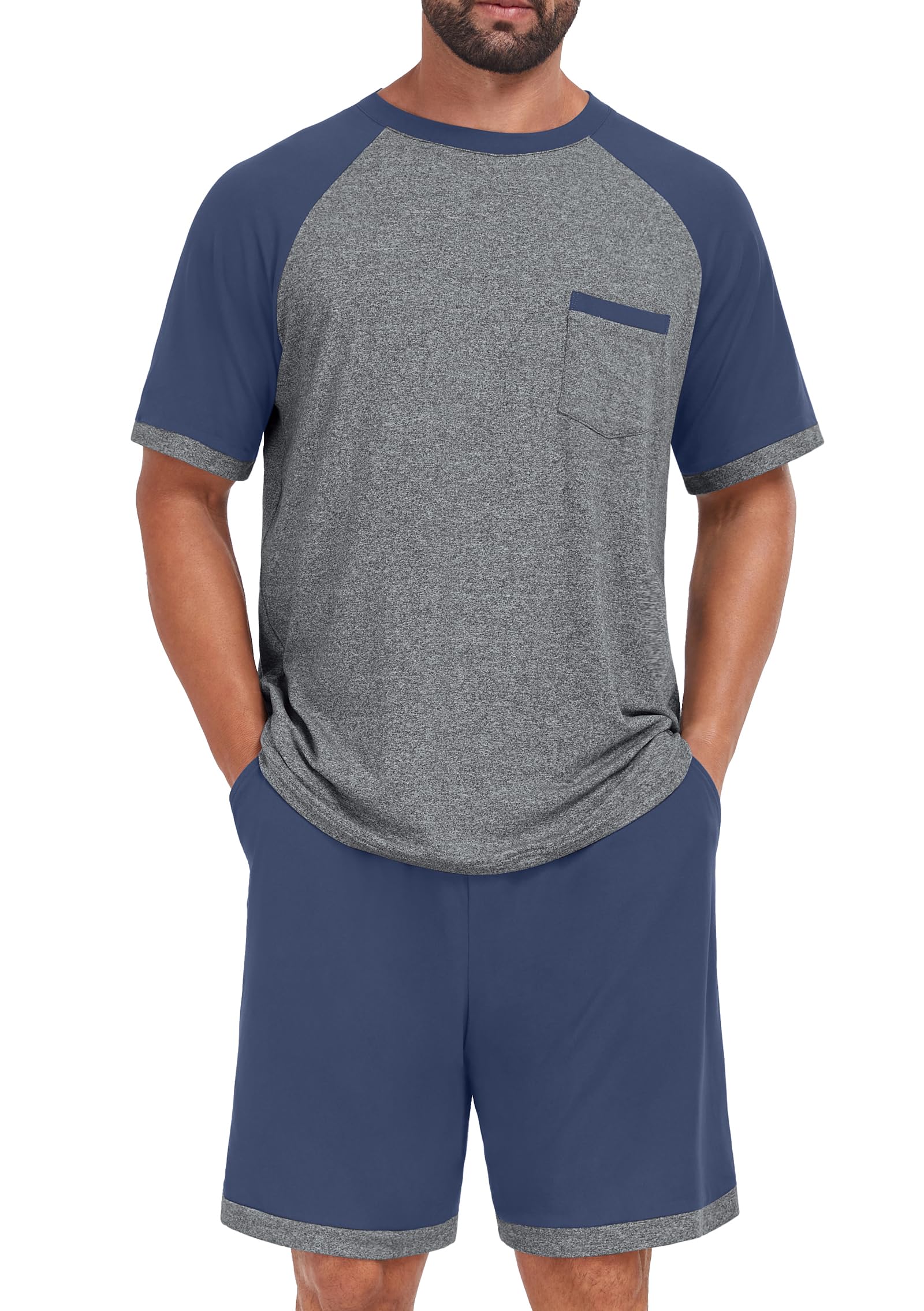 Mens Pajamas Set Shirt and Shorts Lightweight Summer Sleepwear