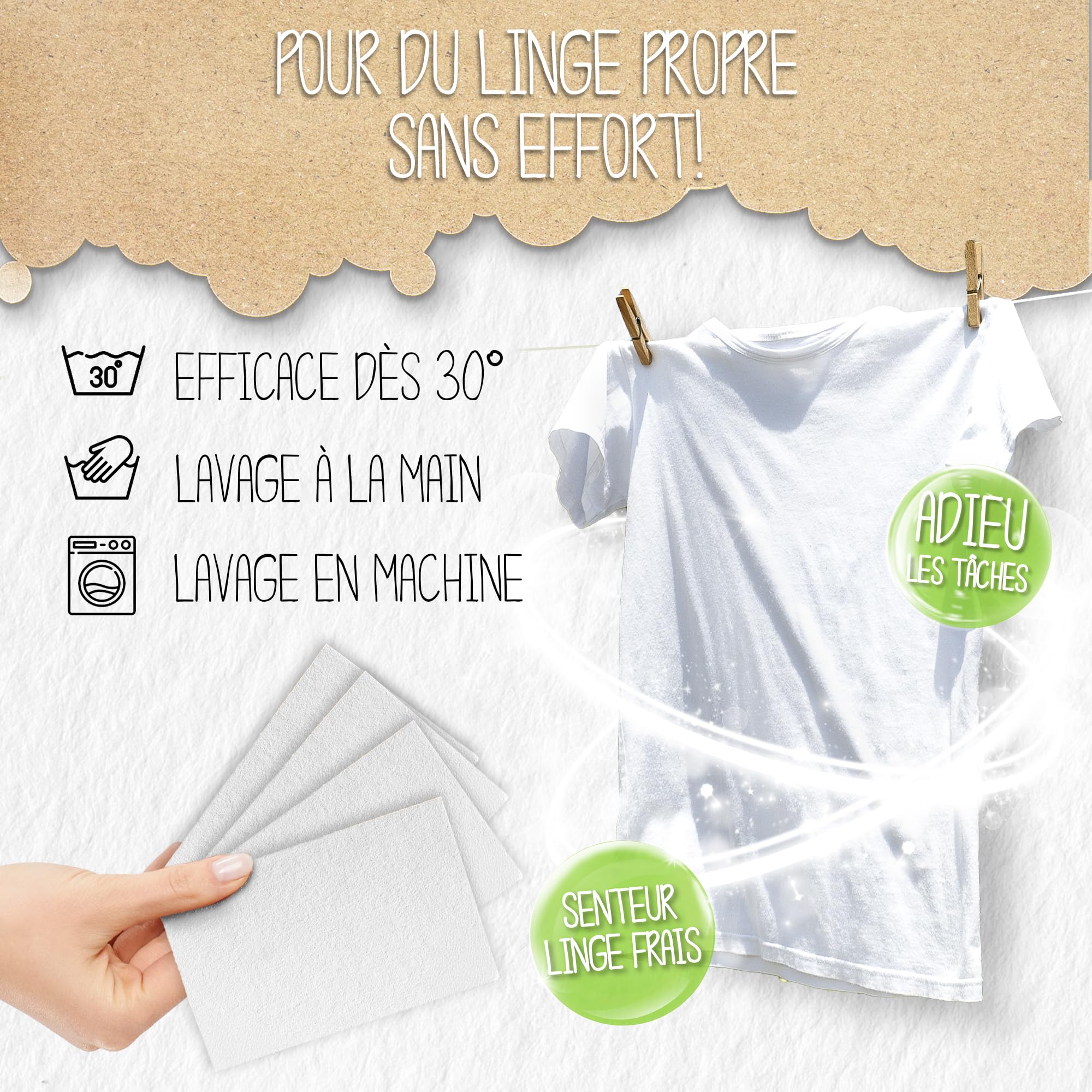 Lessive en Feuille Biodégradable-64 Lavages-Lessive ecologique-100% Hydrosoluble-Lessive pour bebe-Hypoallergénique-Sans Plastique-Pour Blanc et Couleur-Lessive main voyage-Fraîcheur intense