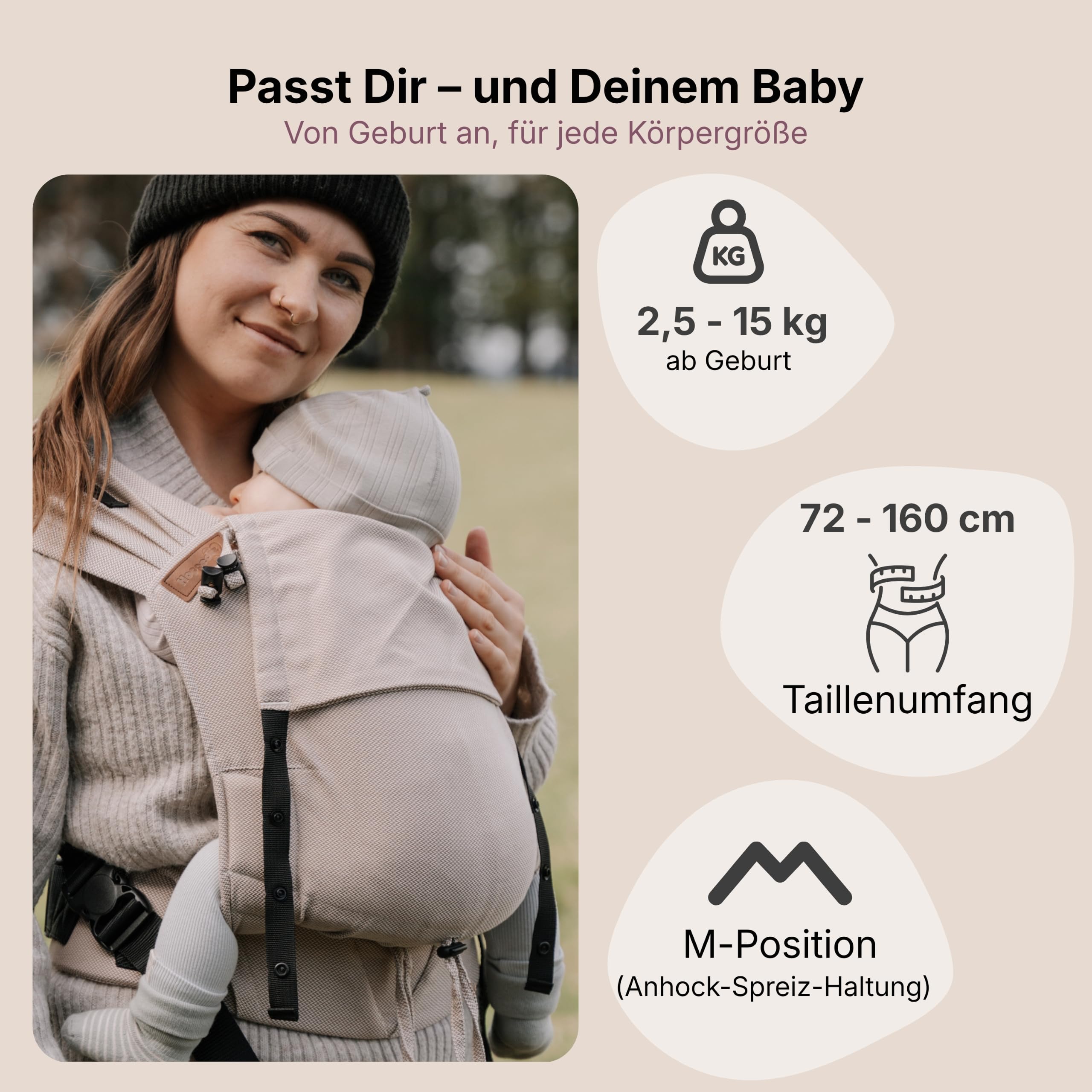 Hoppediz Primeo - Marsupio Neonato 0-36 Mesi - Porta Bebè Ergonomico e Confortevole, Creta