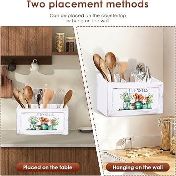 Wooden Utensils Holder, Kitchen Cooking Utensil Organizer with 3 Compartments and Nonslip Pads, Vintage Cooking Tools Storage Cutlery Caddy for Patulas, Tongs, Whisks Forks and Strainers(White)