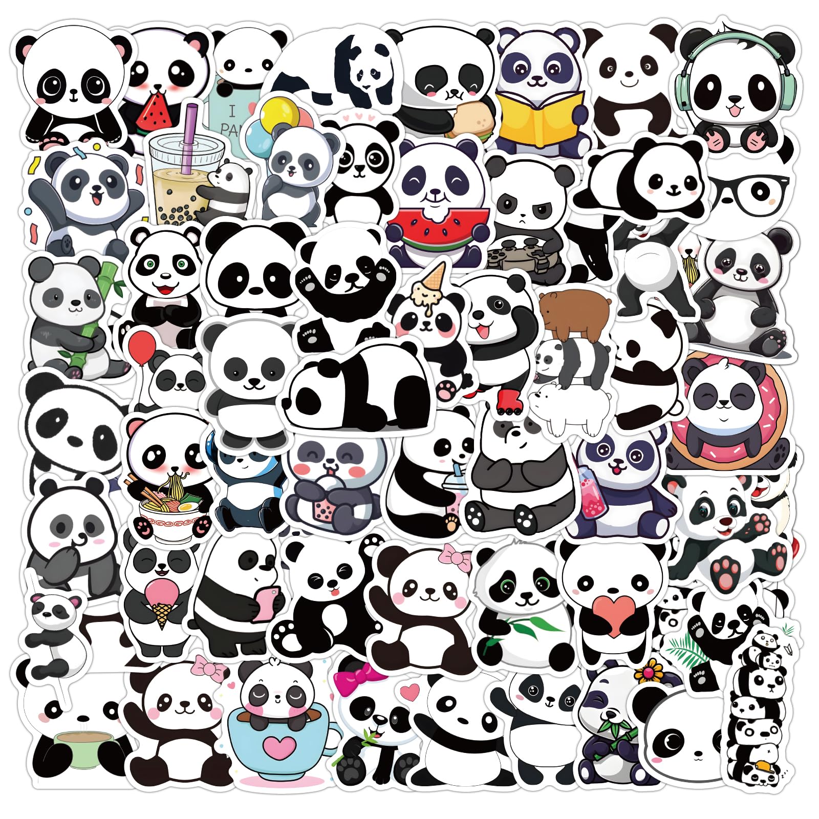 60 PCS Panda Stickers - Waterproof Vinyl Panda Scrapbook Sticker Decal for Water Bottle, Laptop, Scrapbooking, Skateboard, Car, Luggage, Helmet