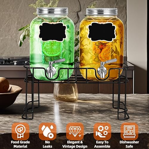 Miniatura 5 de Dispensador de bebidas y dispensador de agua de vidrio, paquete de 2 dispensadores de bebidas de 1 galón con soporte, con núcleo de hielo, espiga de