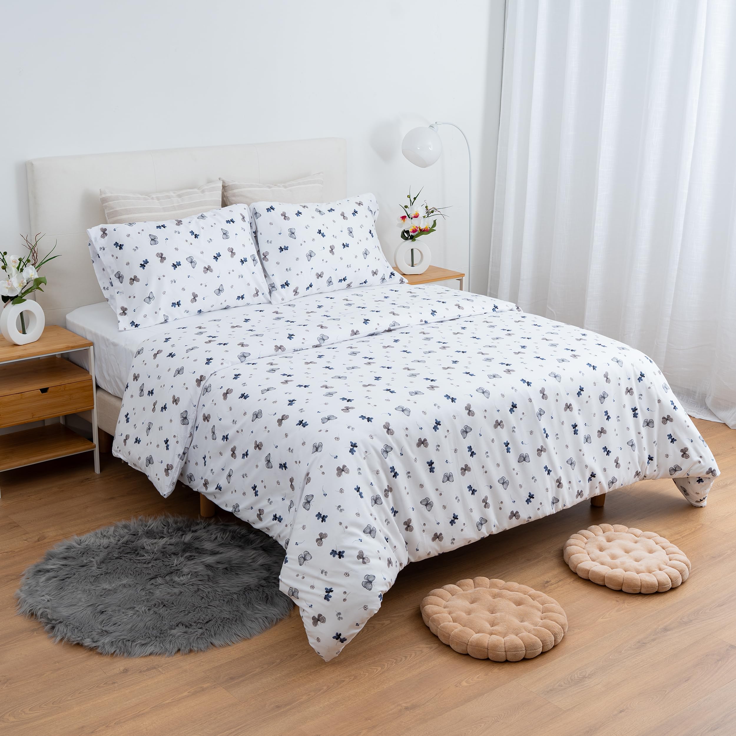 Juego de Funda Nórdica 3 Piezas para Cama 90 - Funda Edredón 150x220 cm, Sábana Bajera 90x200+28 cm, Funda de Almohada 45x110 cm - Microfibra Suave y Transpirable - Mariposa