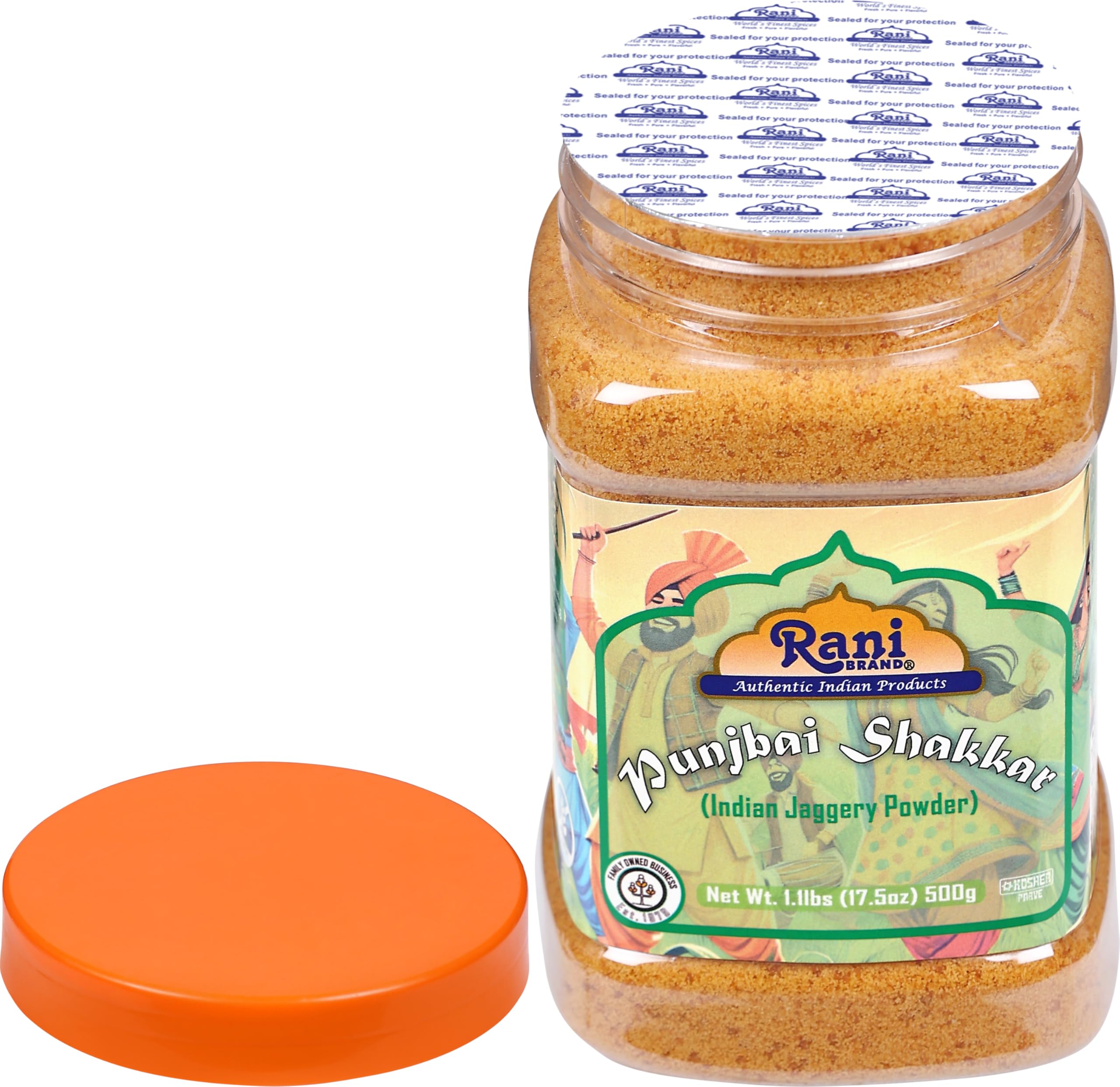 Rani Punjabi Shakkar (Polvere di Gur Jaggery) Zucchero di Canna Grezzo Indiano 17.5oz (1.1lbs) 500g Vaso in PET ~ Glutine Amichevole | Vegano | NON OGM | Senza Sale o Riempitivi | Prodotto Indiano