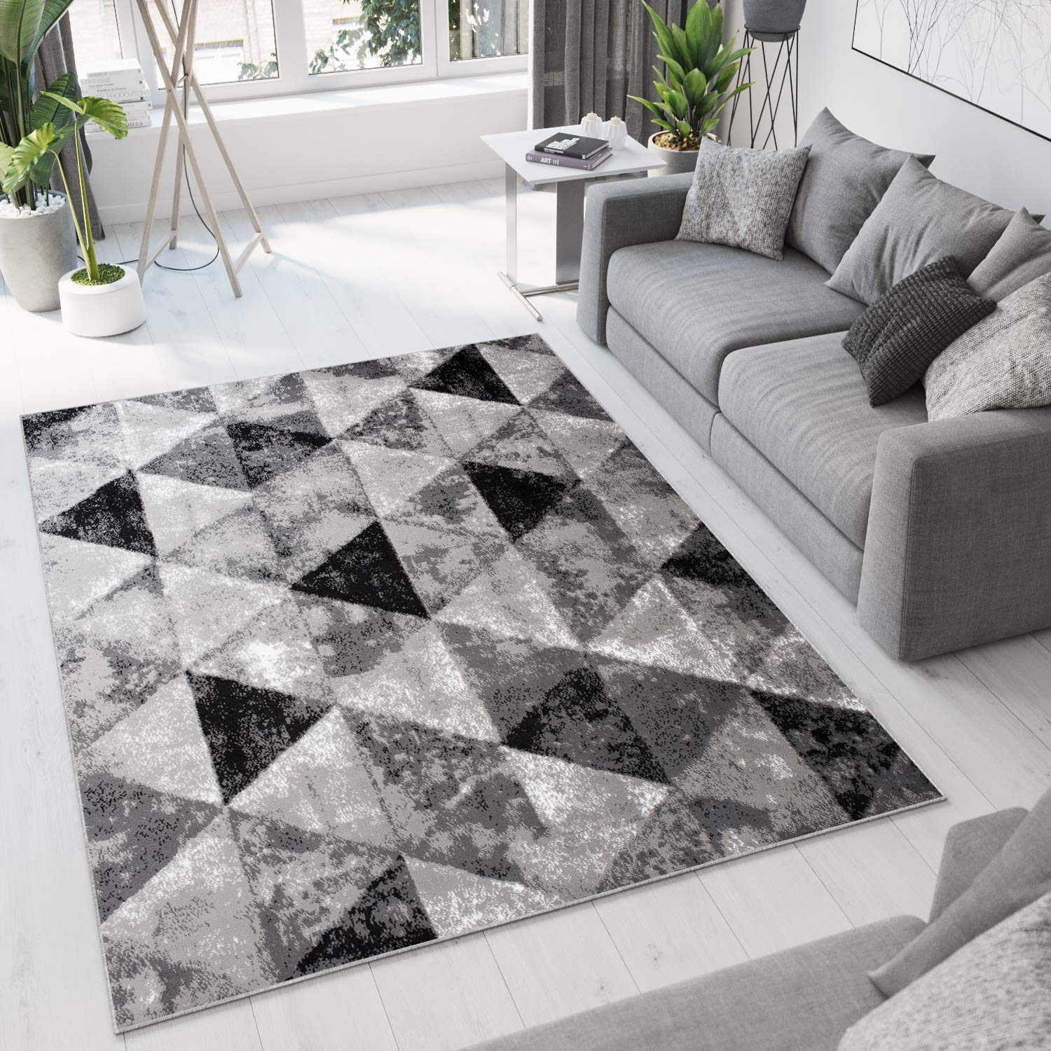 TAPISO Luksusowy dywan z krótkim włosiem, szary, czarny, kremowy, nowoczesny, trójkąty, geometryczny, melanż, wzór do salonu, sypialni, Ökotex 160 x 220 cm