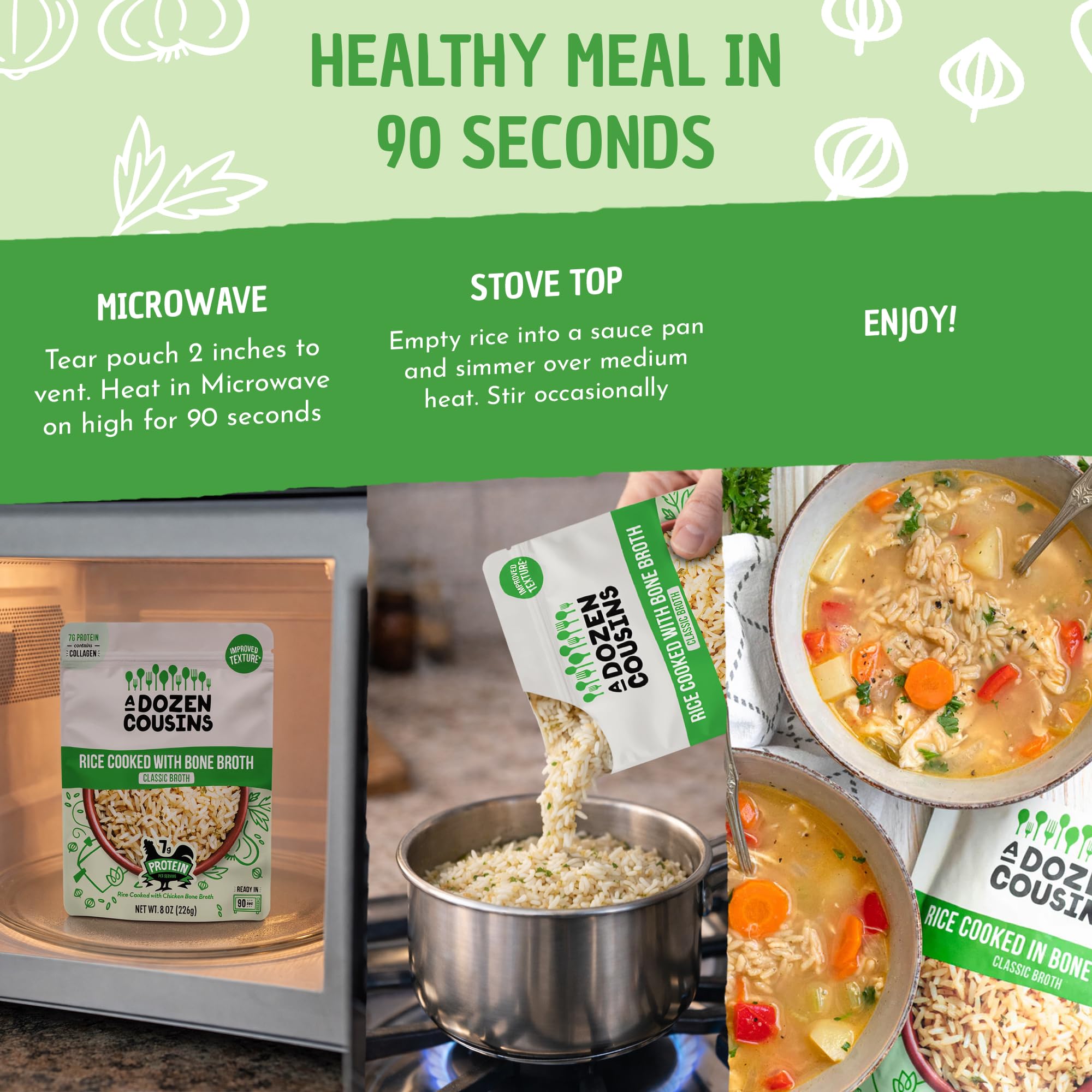 A Dozen Cousins Bone Broth Rice Variety 6pk, Ready to Eat Seasoned High Protein Rice, Clean Ingredients, Sea Salt, Classic, Spanish, Easy Side Dish, Halal, Chicken Bone Broth, Gluten Free, 8oz Packets