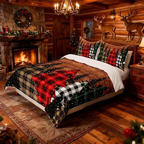 Miniatura 3 de Juego de funda de edredón de Navidad para niños, tamaño King, juego de ropa de cama de copos de nieve de pino con cuadrícula geométrica, decoración