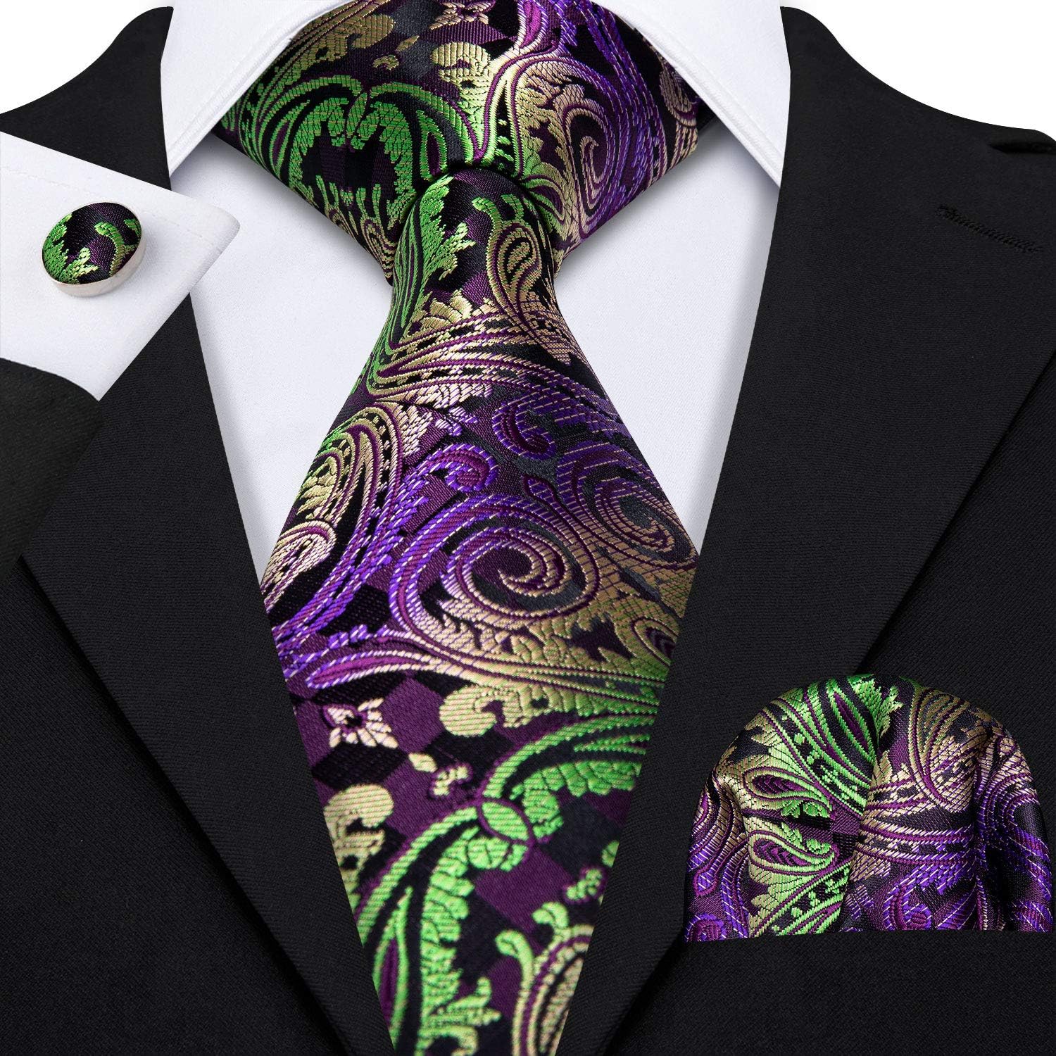 Barry.Wang 3 PCS Men's Ties Set Silk Necktie Gift Pocket Square Cufflinks with Tie Clip Formal Business Wedding Christmas
