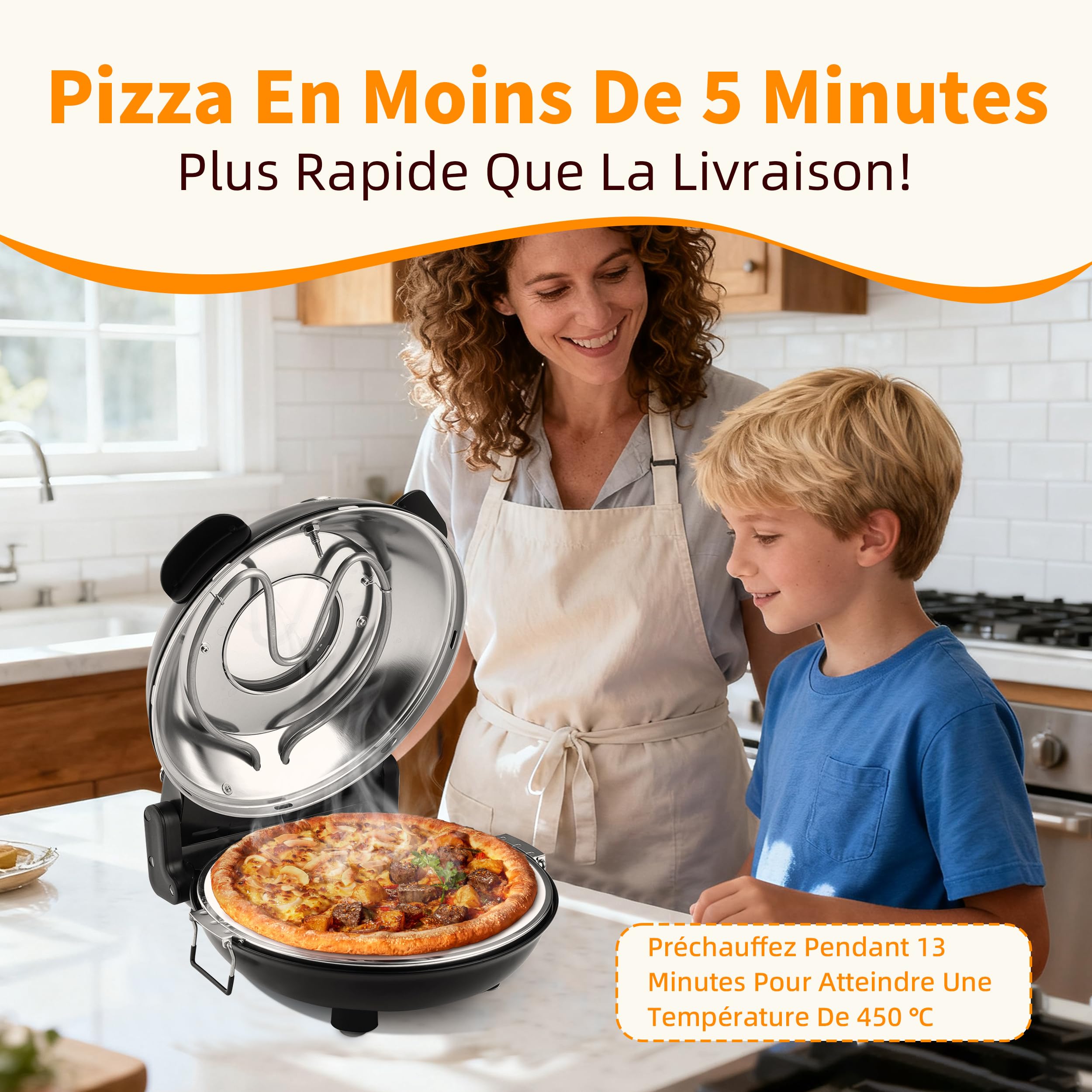 Four à Pizza Électrique, Cuit une Pizza en 4 minutes, Plaque en Pierre Réfractaire de 31cm, Max 420°C Four a Pizza, 1200W, Pelle à Pizza, Grattoir et Recettes inclus, Noir