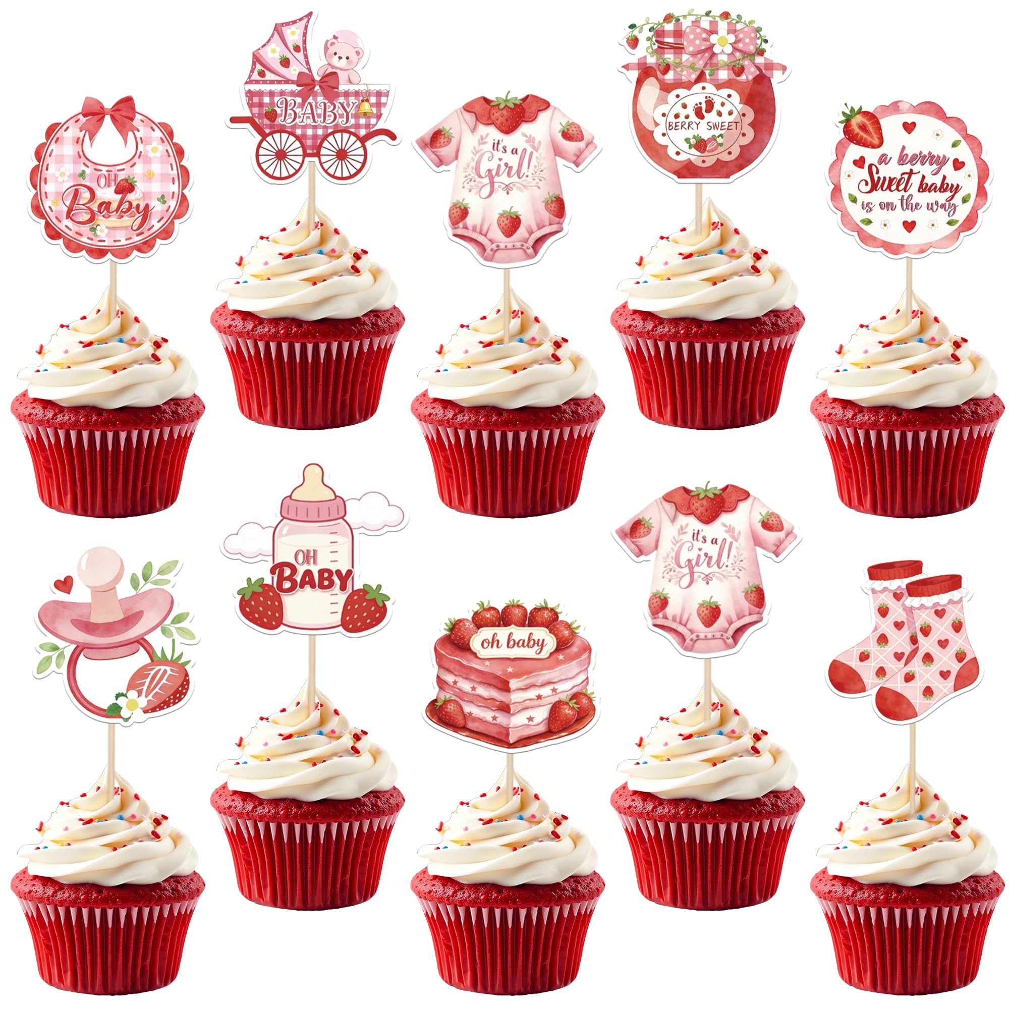 SYKYCTCY 36 Pack Baby Shower Cupcake Toppers Edible It's a Girl Cupcake Picks Wafer Paper Welcome Baby Girl Strawberry Cake Decorations for Gender Reveal Theme Party Supplies โ image 1