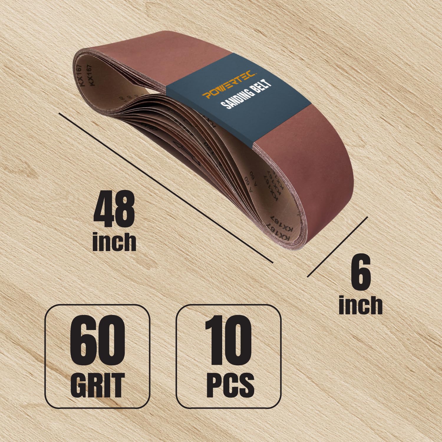 POWERTEC 6 correas de lijado de 48 pulgadas, 10 unidades, correa de lijado de óxido de aluminio de grano 60 para lijadora de banda de banco, lijado de madera y pintura, pulido de metales (110170V)