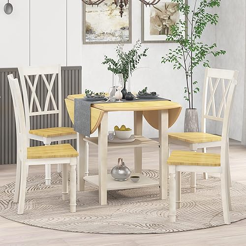 Merax Juego de mesa de comedor redonda de madera de 5 piezas con hoja caída, estantes de almacenamiento de 2 niveles y 4 sillas de respaldo cruzado,