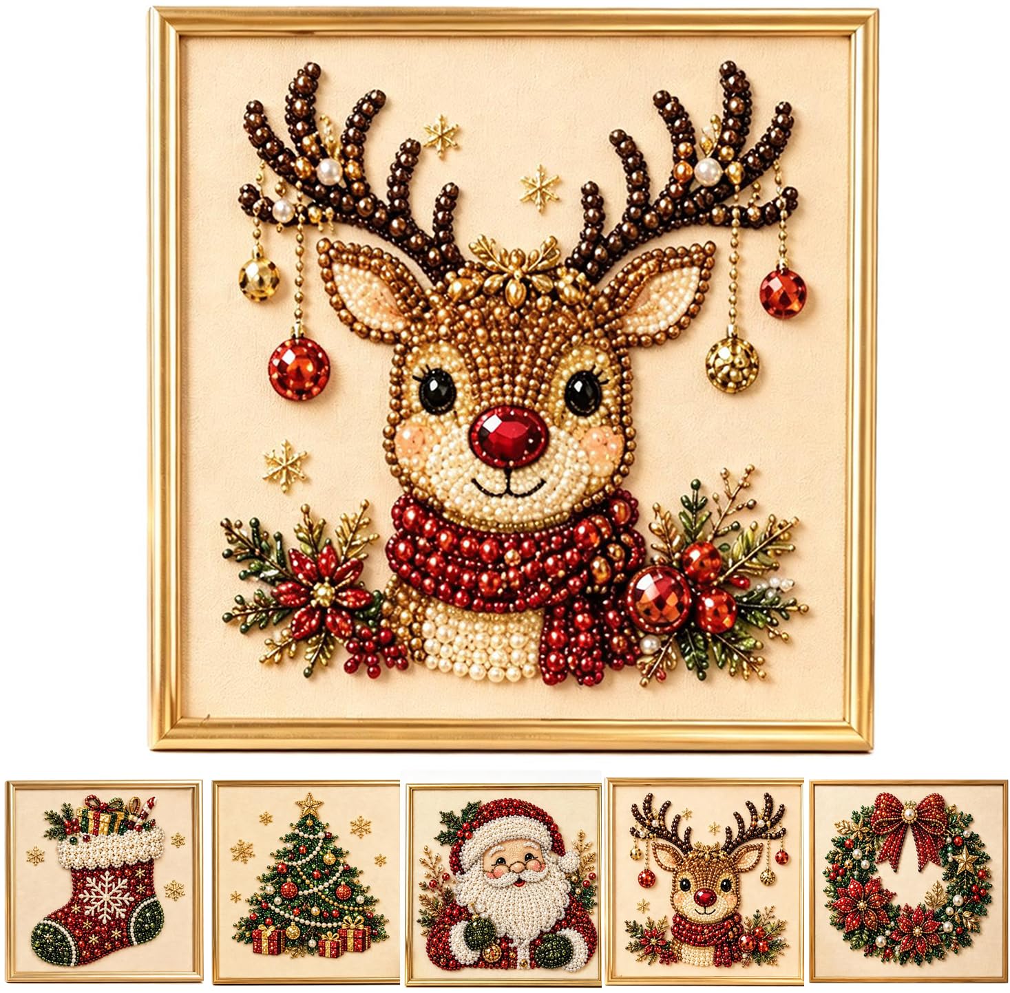 DIY Christmas Pearl Diamond Painting Art Kit, Christmas Pearl Beads Art Craft for Adults Beginner, Gemstone Diamond Dots Beads for Home Wall Decor,Reindeer