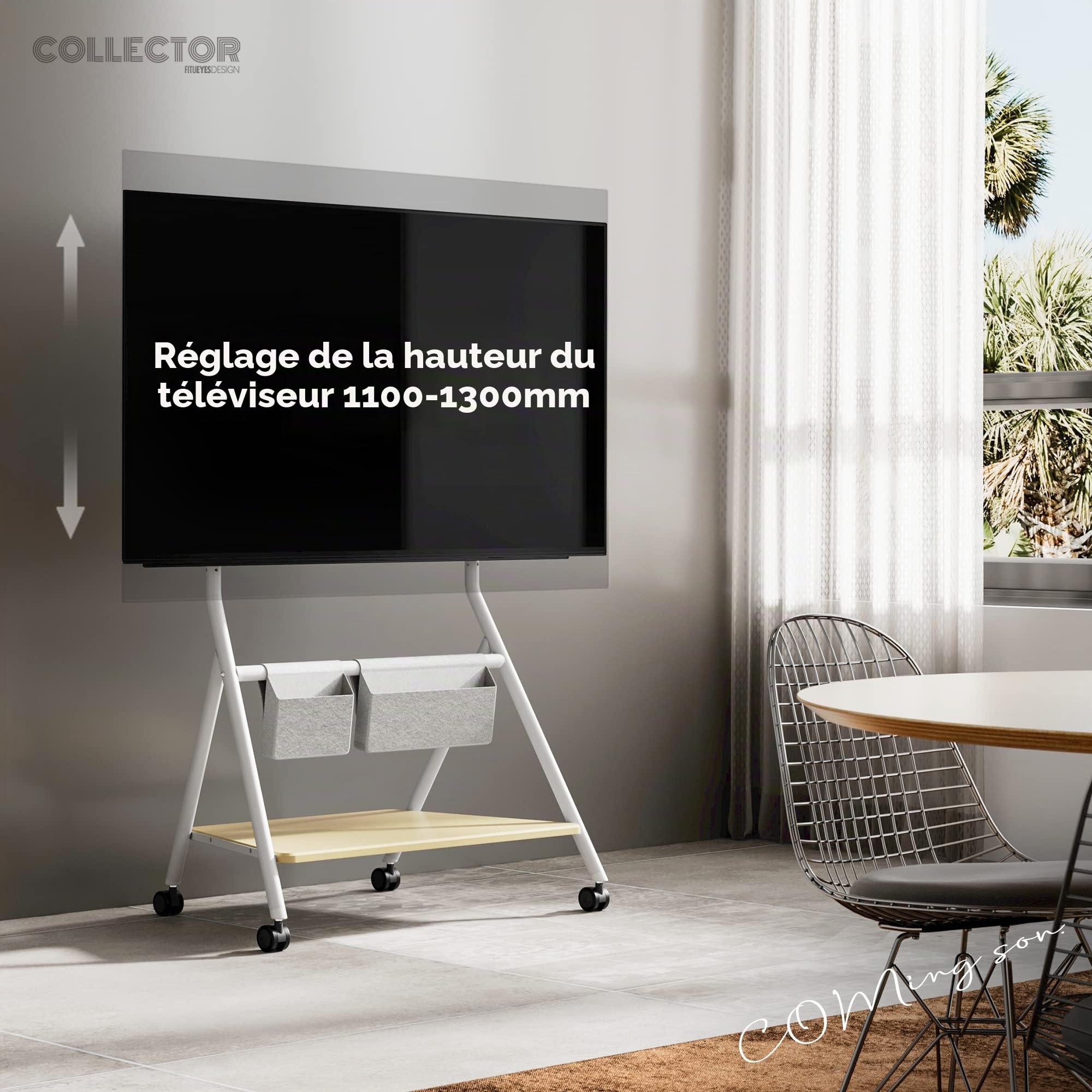 FITUEYES Support TV roulettes pour TV 55 60 65 75 78 Pouces Hauteur Réglable 1100-1300mm avec Sac de Rangement pour Maison, Salon, Conférence Série Collector