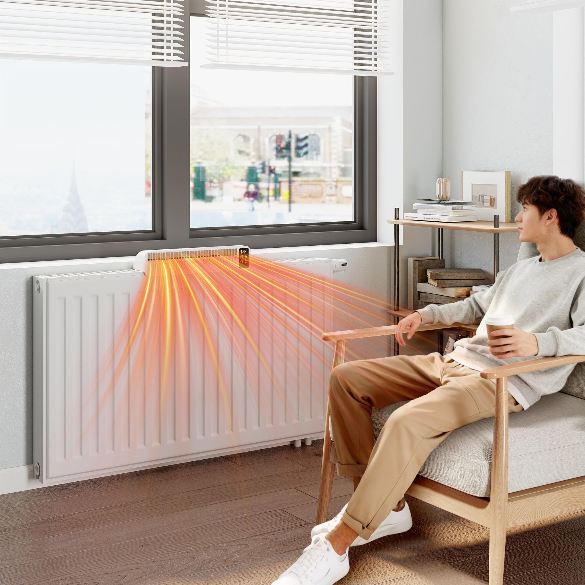 ACXIN Heizkörper Ventilator mit Sensoranzeige & Timer, 3-Stufig Heizungslüfter für Heizkörper und Unterheizungen, Heizkörperventilator leise <45dB, 3W 5V Heizungslüfter mit 1.5M Kabel