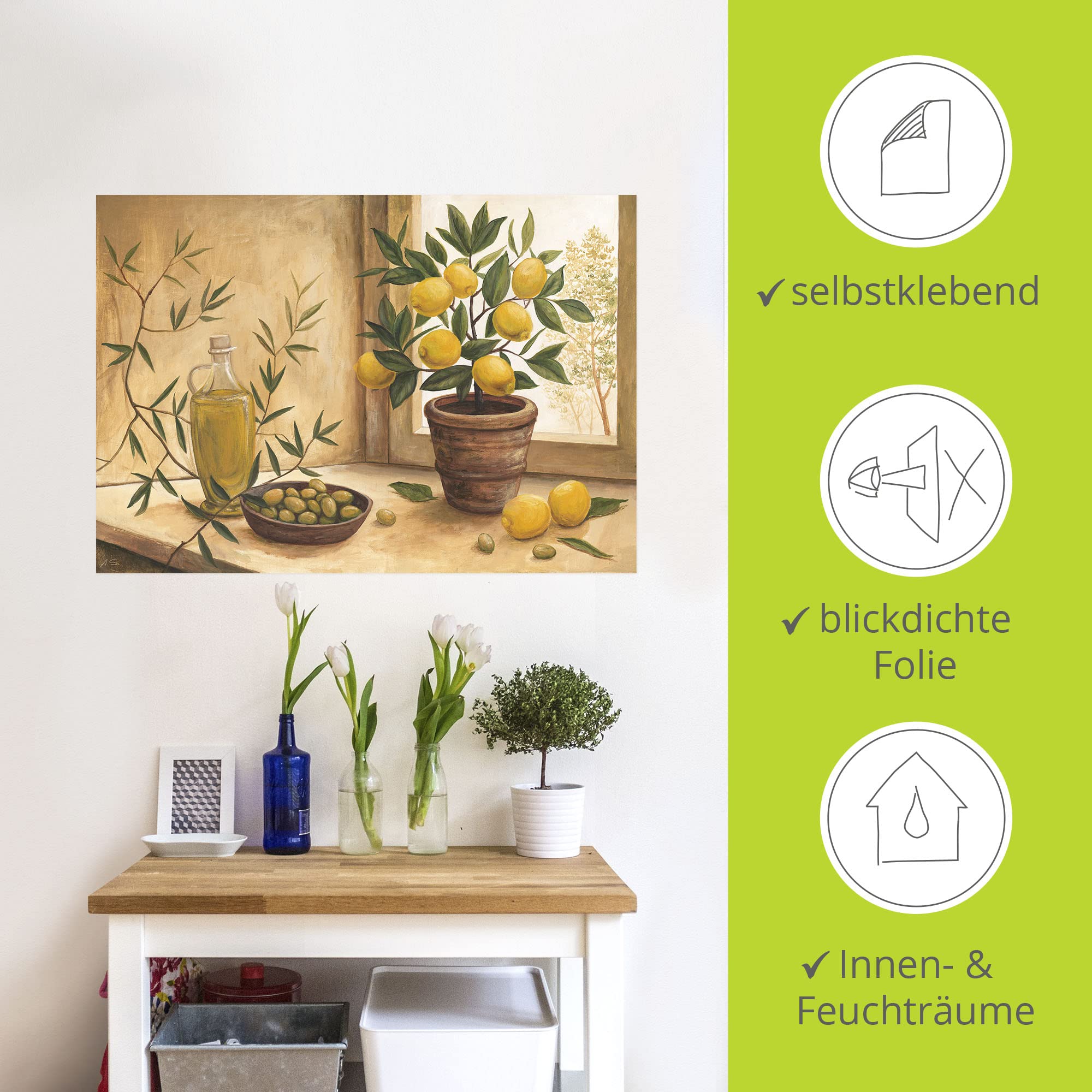 ARTLAND Wanddeko Wandtattoo selbstklebende Vinylfolie Stillleben Toskana Mediterran Oliven Zitrone Essen Lebensmittel Malerei T4HV
