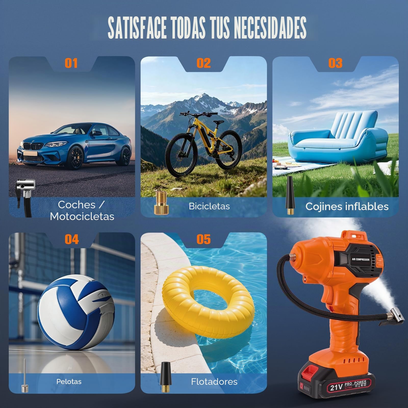 Compresor de Aire Portátil para Baterías, Inflador Automático con Manómetro Digital, Bomba de Aire para Coche, Moto, Bicicleta, Balón Deportivo, Sistema de Alimentación Dual, Luz LED, Amarillo