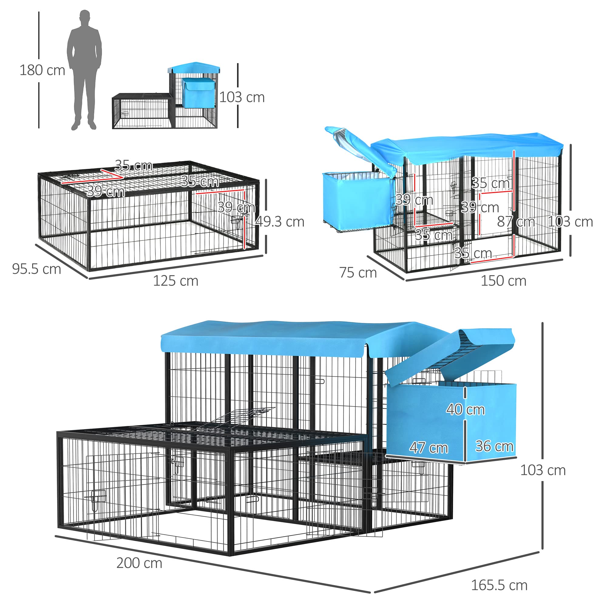 PawHut Pollaio da Giardino Componibile 6-10 Galline Blu 200x165.5x103cm | 2 Gabbie in Acciaio, Gabbia per Galline, Copertura in Poliestere