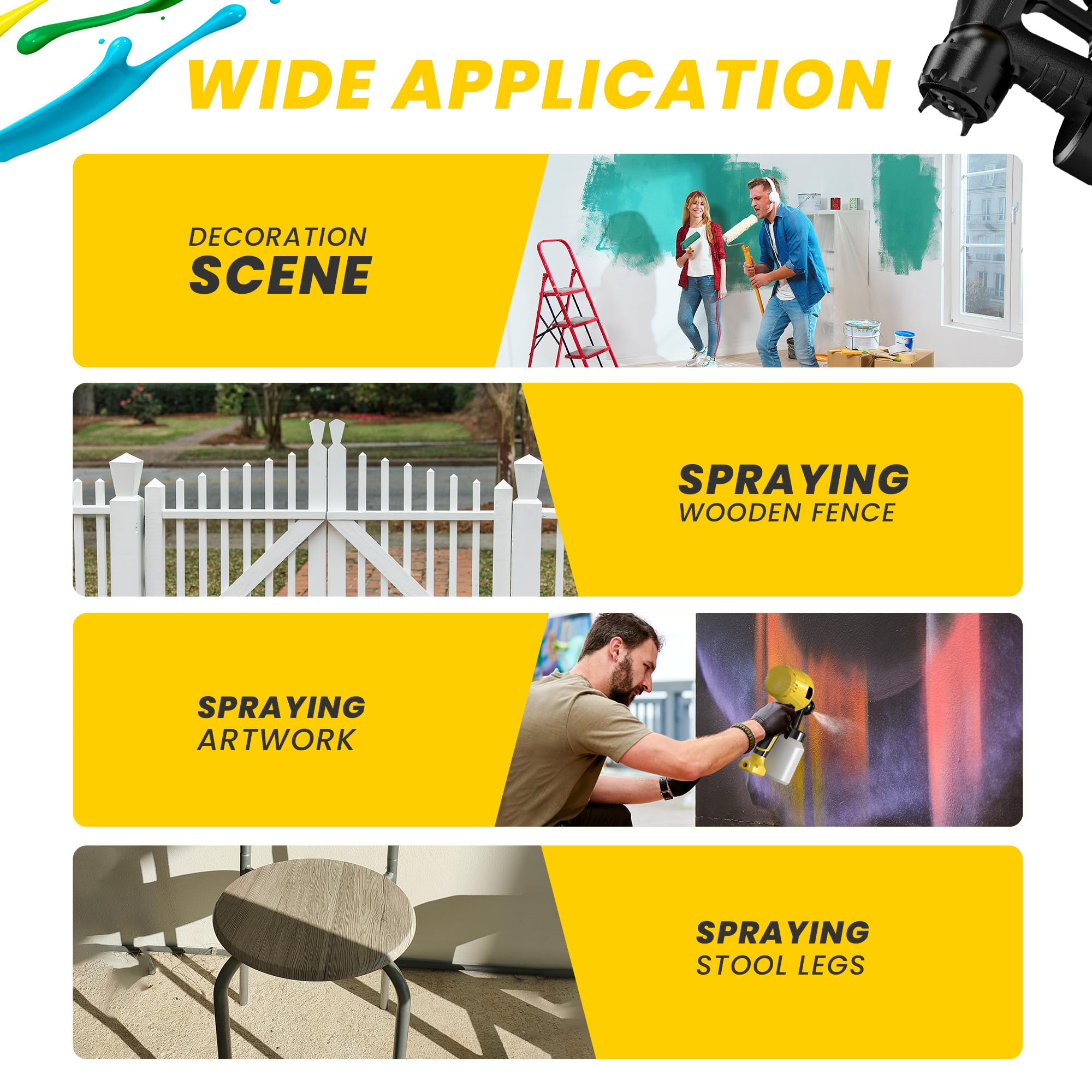 Paint Sprayer for House Painting, 1000W Spray Paint Gun, Easy Clean Design Electric Paint Sprayer Gun for Furniture, Cabinets, Walls, Doors, Fences & Decks-Yellow