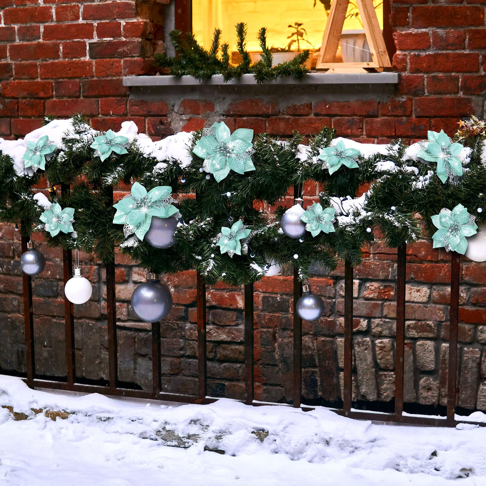 Geosar Lot de 72 Fleurs de Poinsettia artificielles à Paillettes - 3 Tailles - Décoration de Noël pour Sapin de Noël, Nouvel an (Vert Menthe)