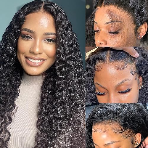 ManeMajesty Pelucas de cabello humano ondulado profundo de 26 pulgadas con encaje frontal HD 6x4, densidad del 180 %, color natural, sin pegamento,