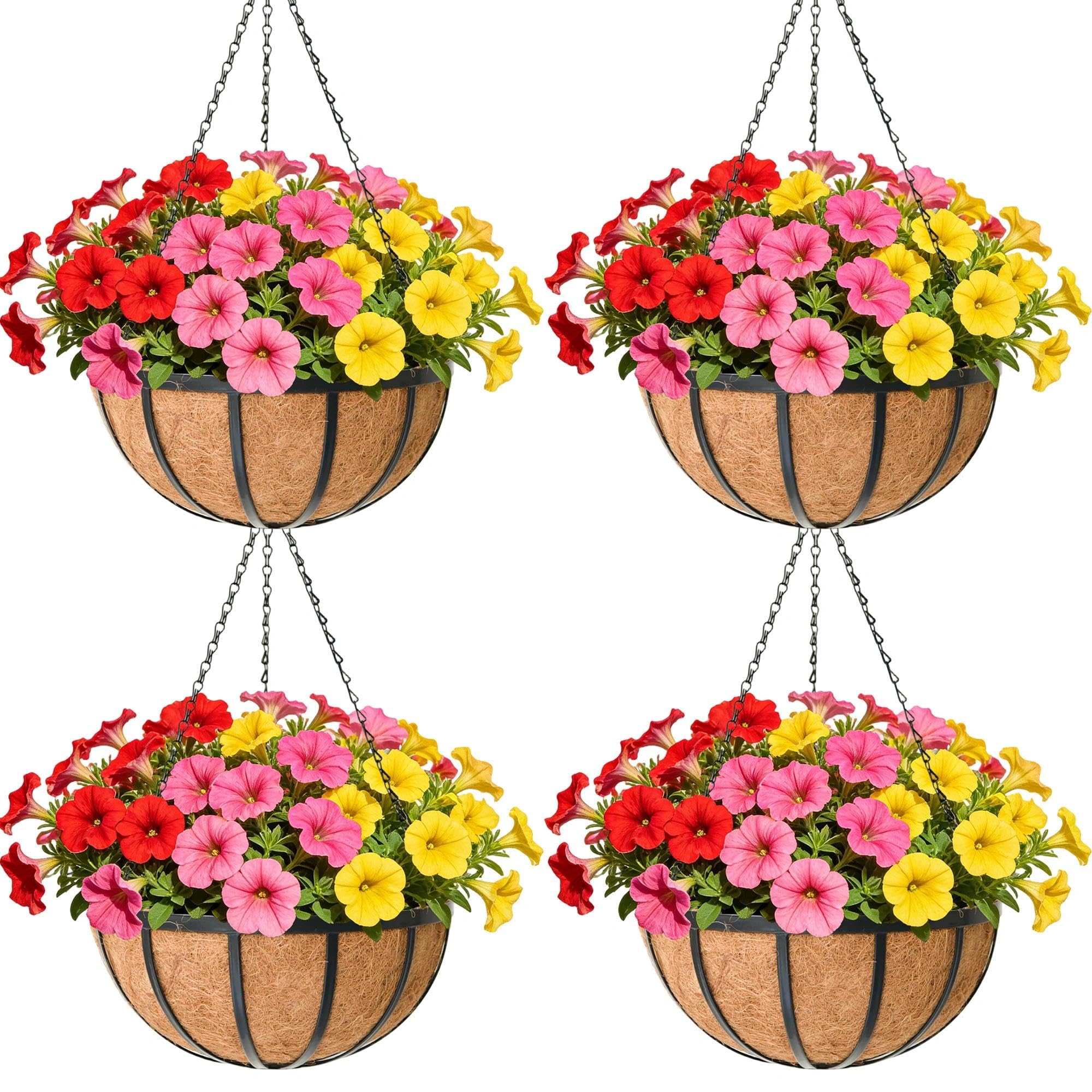 ZVOWOS 12 Inch Black Flat Iron Metal Hanging Planter Basket with Coco Coir Liner(4 Pack) Hanging Planters for Outdoor Plants Hanging Baskets for
