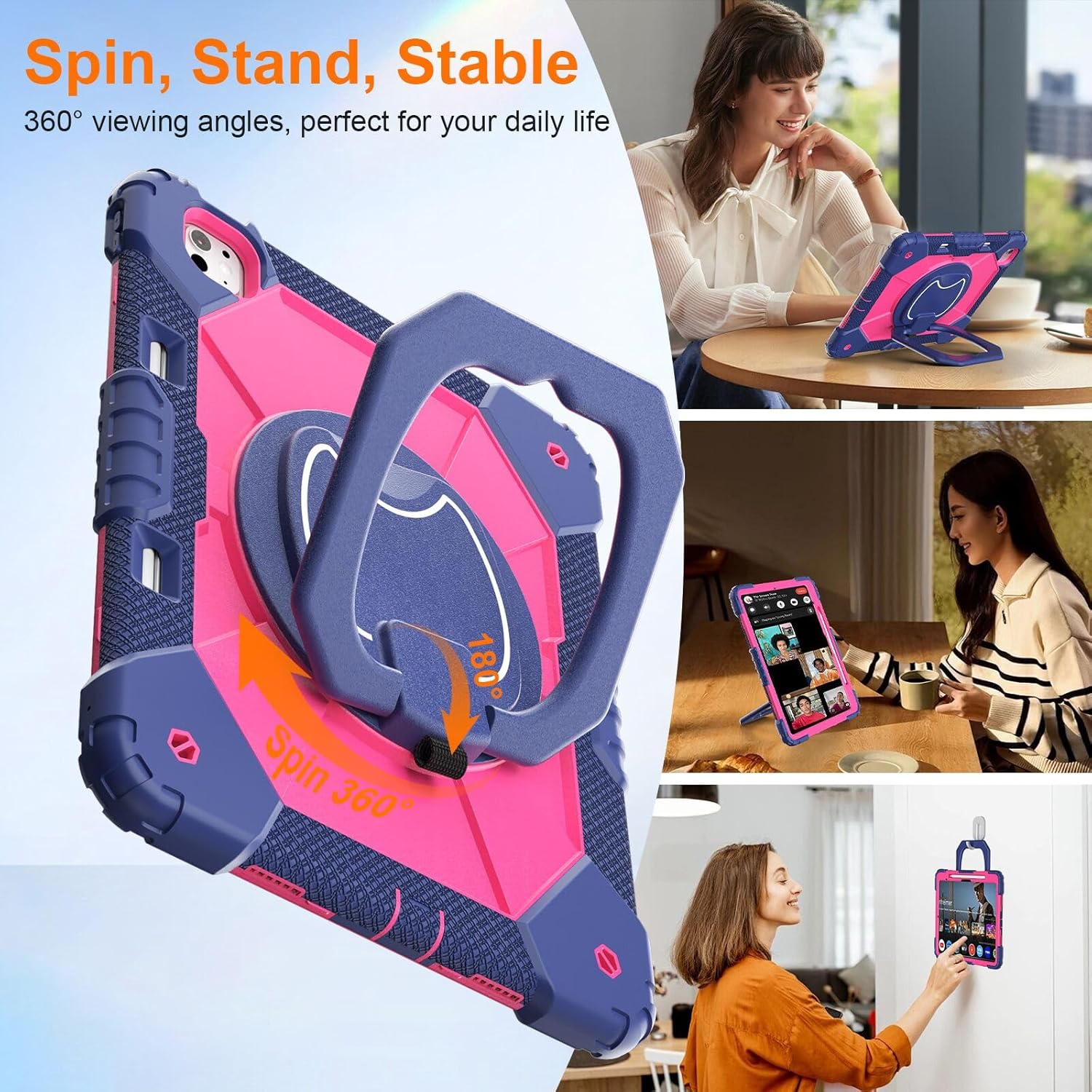 Case for iPad Pro 13 Inch M5 2025/ M4 2024, Ubearkk for iPad Pro 13 Inch case with Screen Protector, 360 Degree Rotating Stand Shoulder Strap Pencil Holder,Military Grade Shockproof, Navy Pink