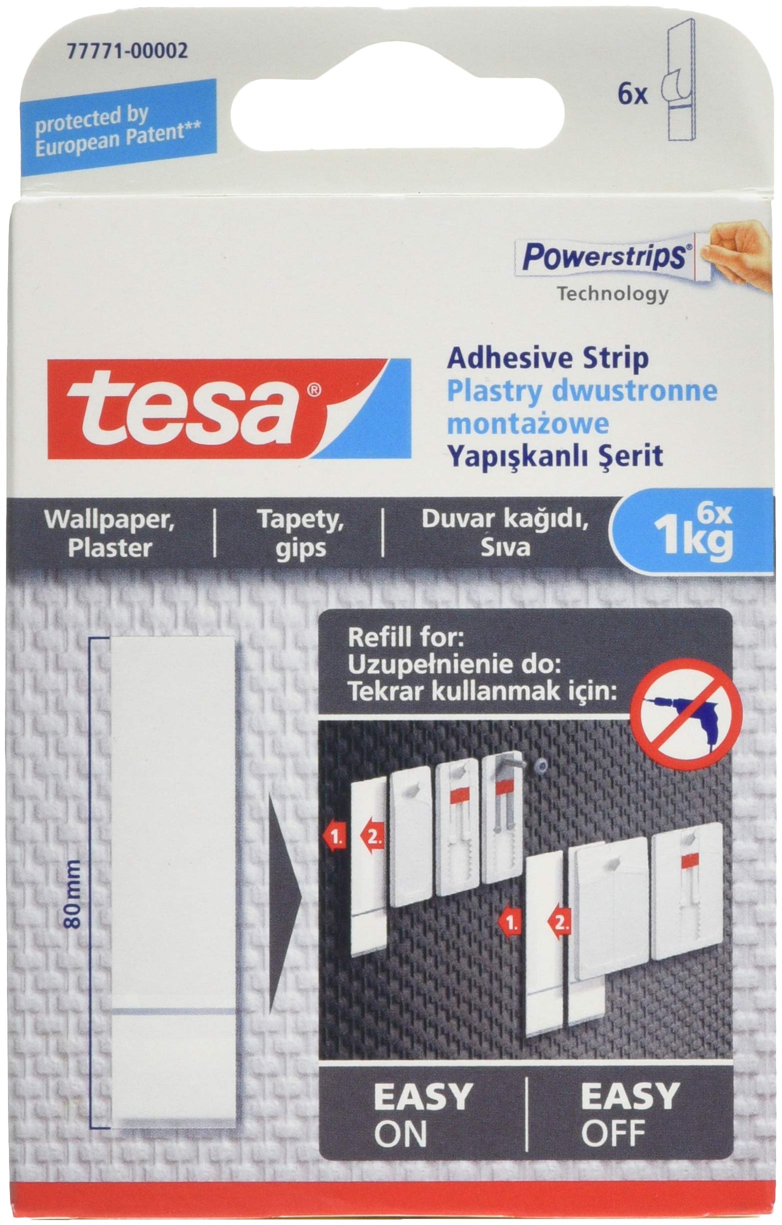 Powerstrips Adhesive Strips for Wallpaper and Plaster - Refills for tesa® Adhesive Nails - Adhesion of 1.0 kg/Nail - Removes Without Trace - 6 strips