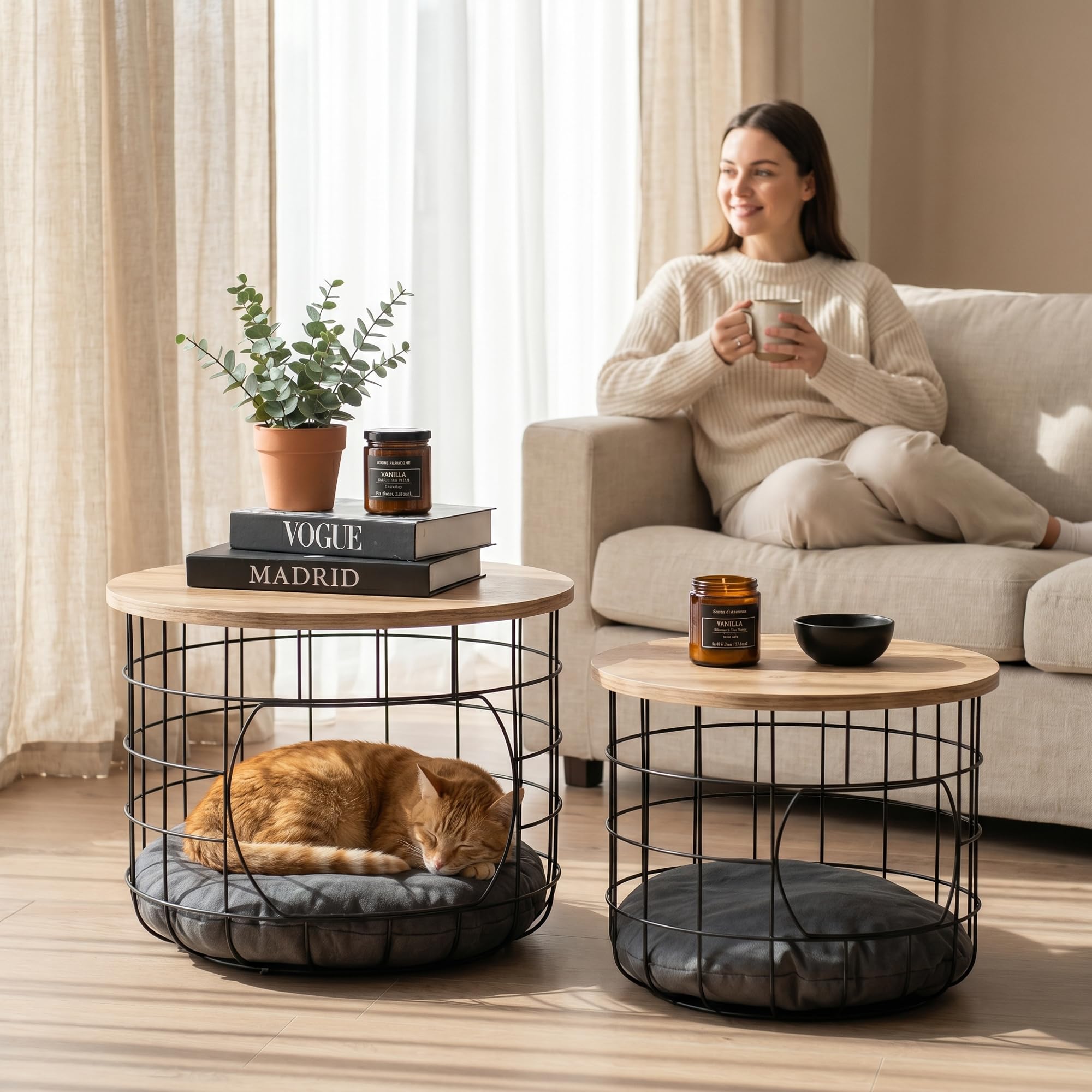 Beistelltisch 2er Set Katzennest mit Kissen, Couchtisch rund Metall Holz Industrial, Sofatisch mit Abnehmbarer Holzplatte, Katzenkorb Möbel 54 und 44 cm, Schwarz Eiche
