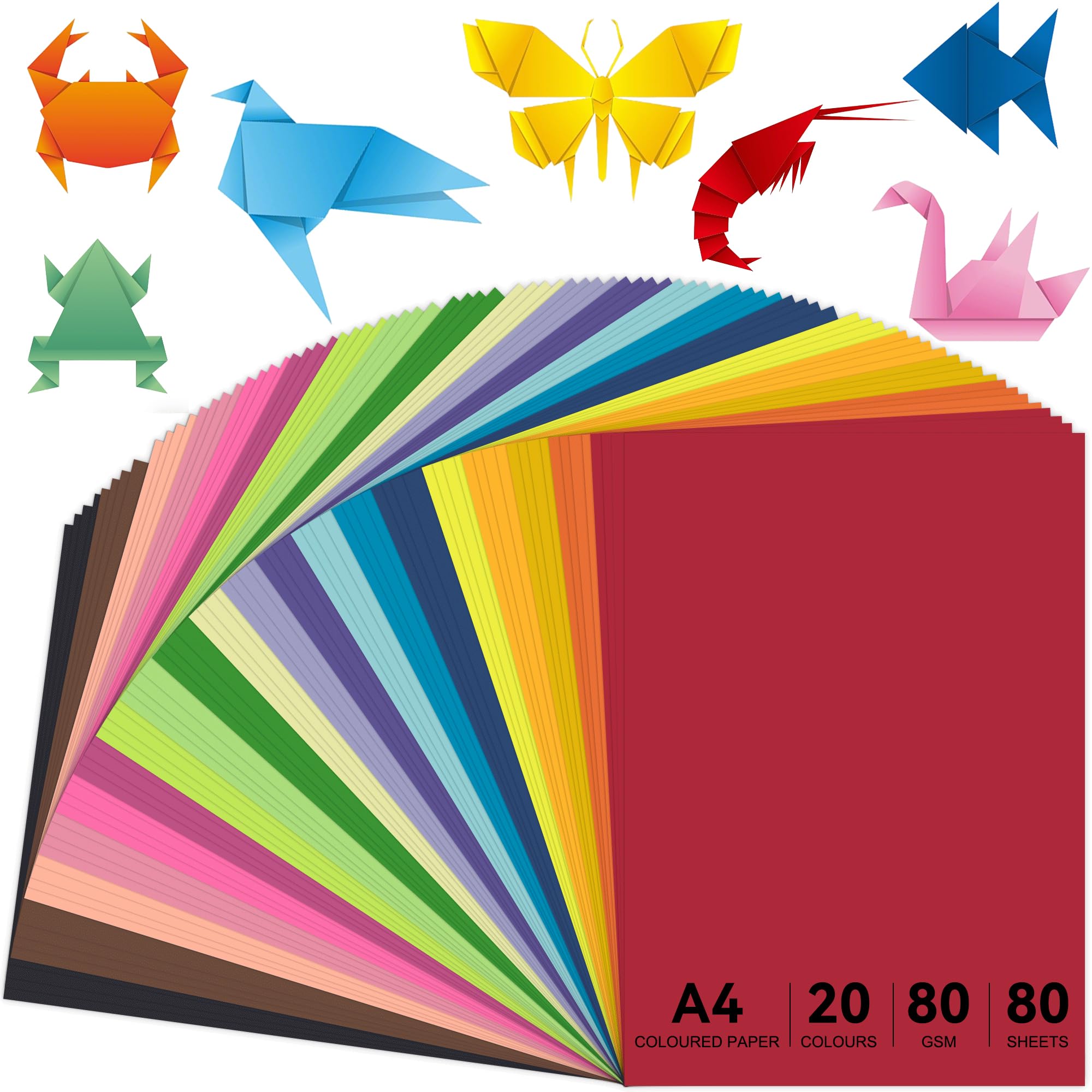 Liyerfer Coloured Paper A4, 80gsm Origami Paper Double Sided, 20 Colours, for Crafting, Decorating, Sketching, Cutting, Origami, DIY Arts & Handmade Projects, 80 Sheets