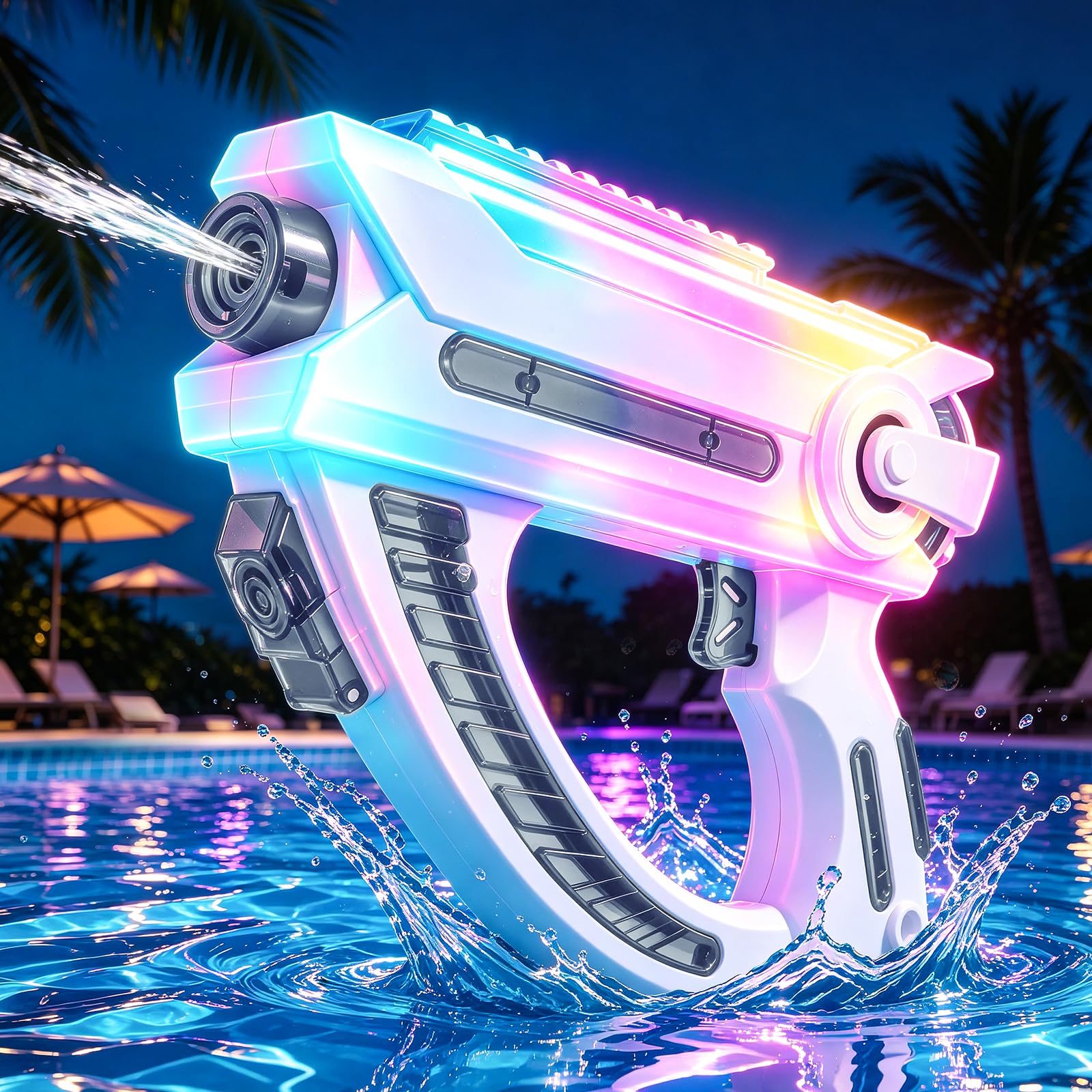 Upgraded Automatic Electric Water Gun, Sync LED Light & Simulated Sound Effect, Reinforced Durable ABS Water Pistol, Large Capacity Water Squirt Guns Toy Gift Summer Pool for Kids Adults (Grey)