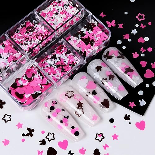 Miniatura 6 de Arte de uñas para el día de San Valentín lentejuelas con purpurina 6 rejillas accesorios de arte de uñas 3D rosa negro blanco corazón conejo