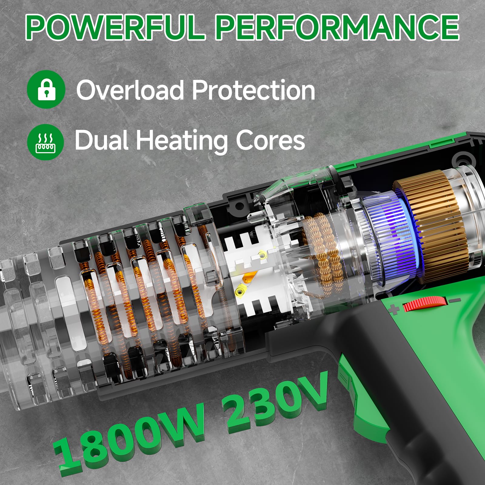 Decapeur Thermique 1800W - Chauffe en 1,5 s, 50°C-650°C, 2 vitesses et protection contre la surchauffe, avec couvercle de protection, cordon de 1,8 m (4 buses)