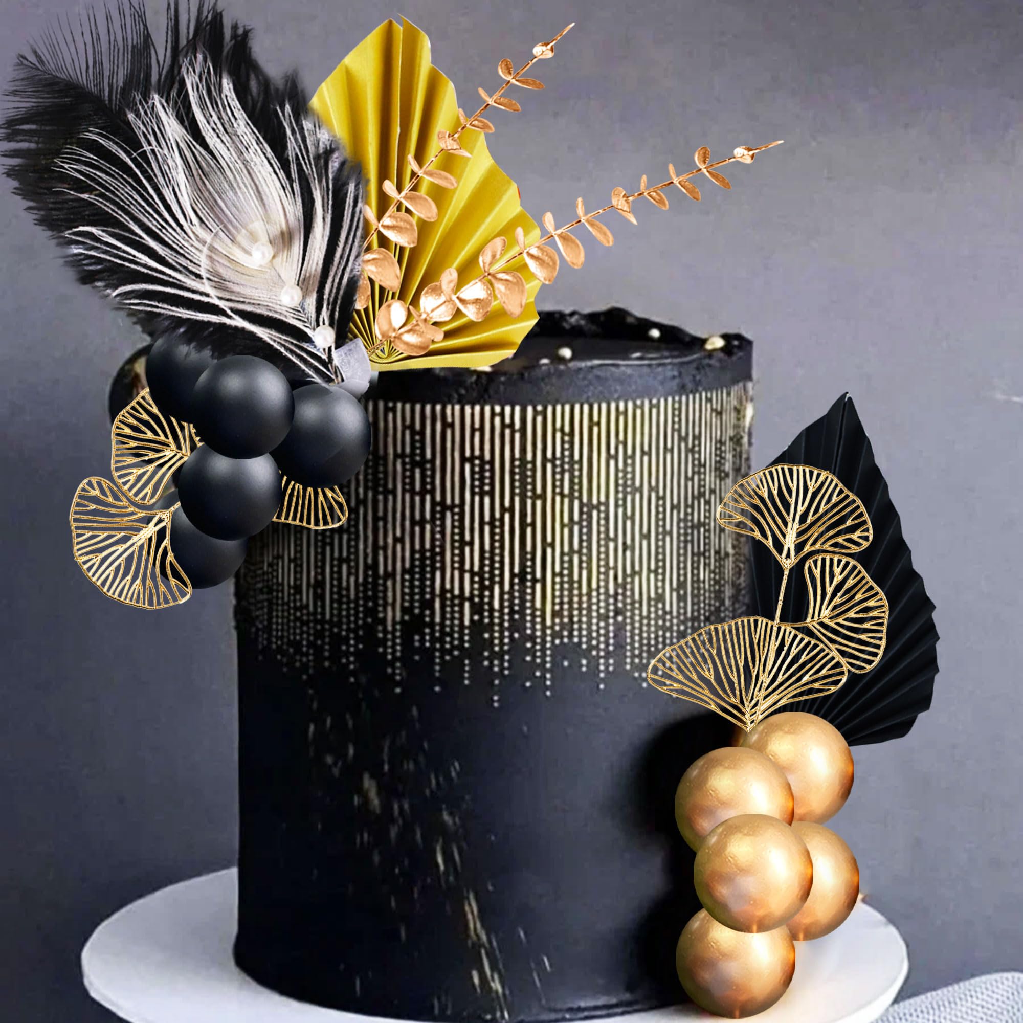 Décoration De Gâteau Années Folles - Boules Or Noires Et Feuilles D'Or Pour Fêtes