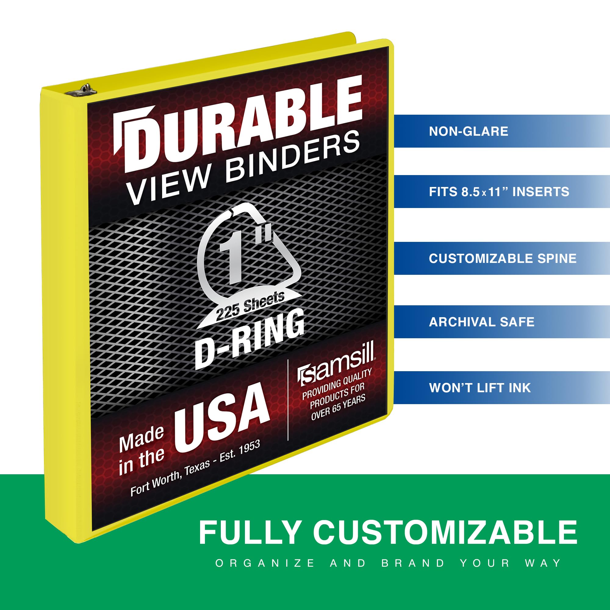 Samsill Carpeta duradera de 1 pulgada, fabricada en los Estados Unidos, carpeta de anillos en D, cubierta transparente personalizable, amarillo limón, capacidad para 225 páginas