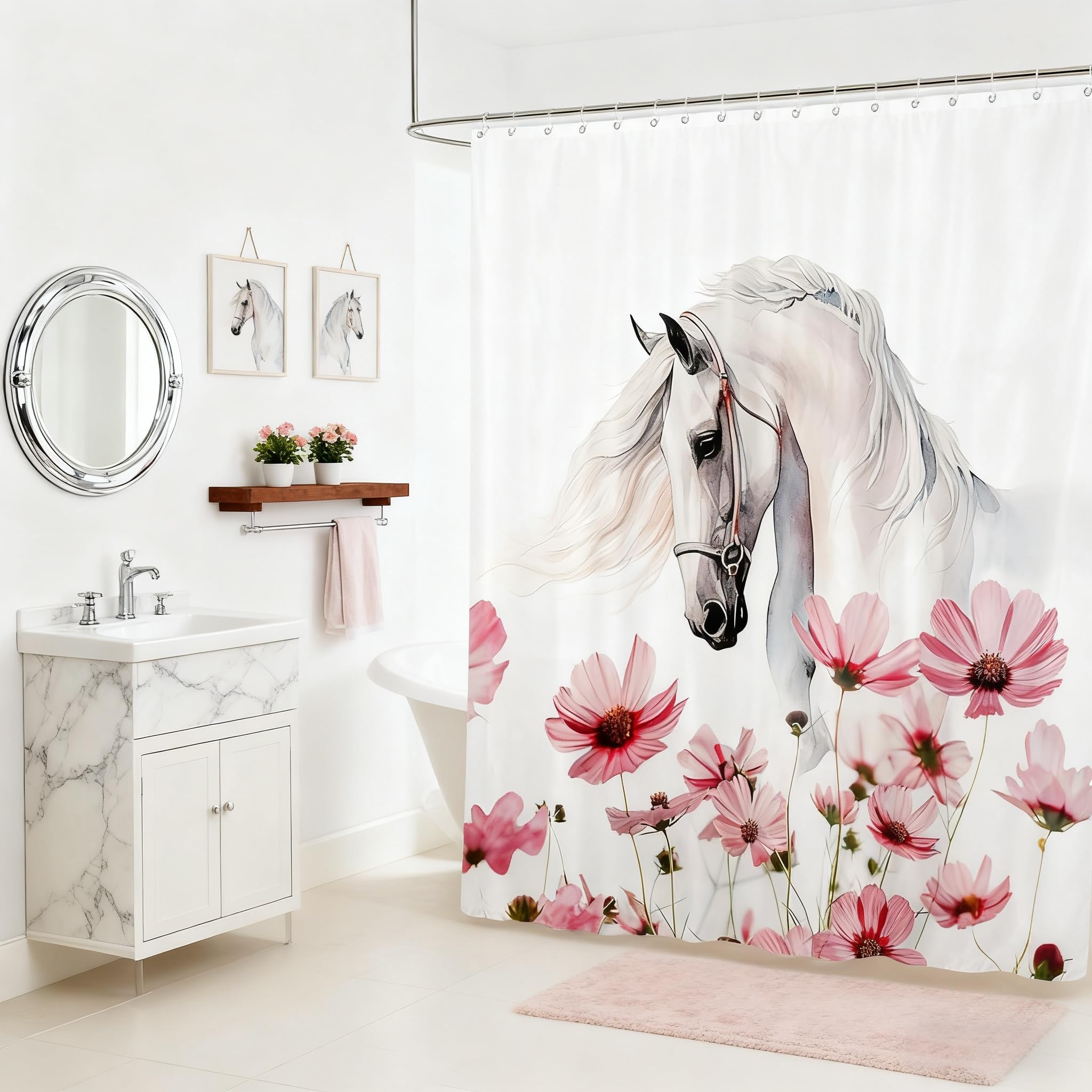 Rideau de douche fleurs et cheval pour une ambiance nature et zen