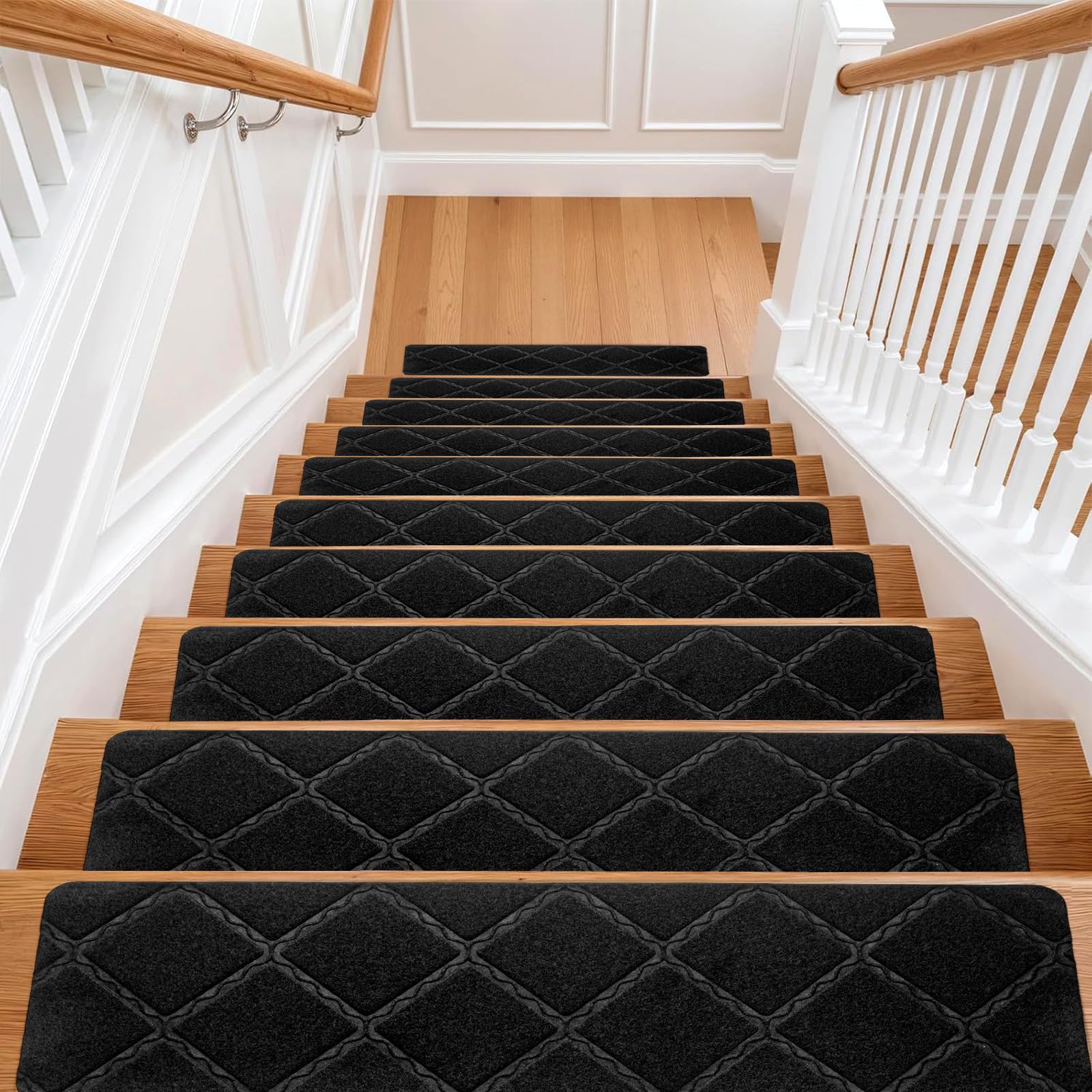 Breezenest Black 15Pcs Anti-Slip Stair Pads 65X20cm – Carpet Stair Treads Mats, Self-Reused Step Protectors For Indoor Stairs, Safe & Comfortable For Kids, Elders & Pets (Grid, )