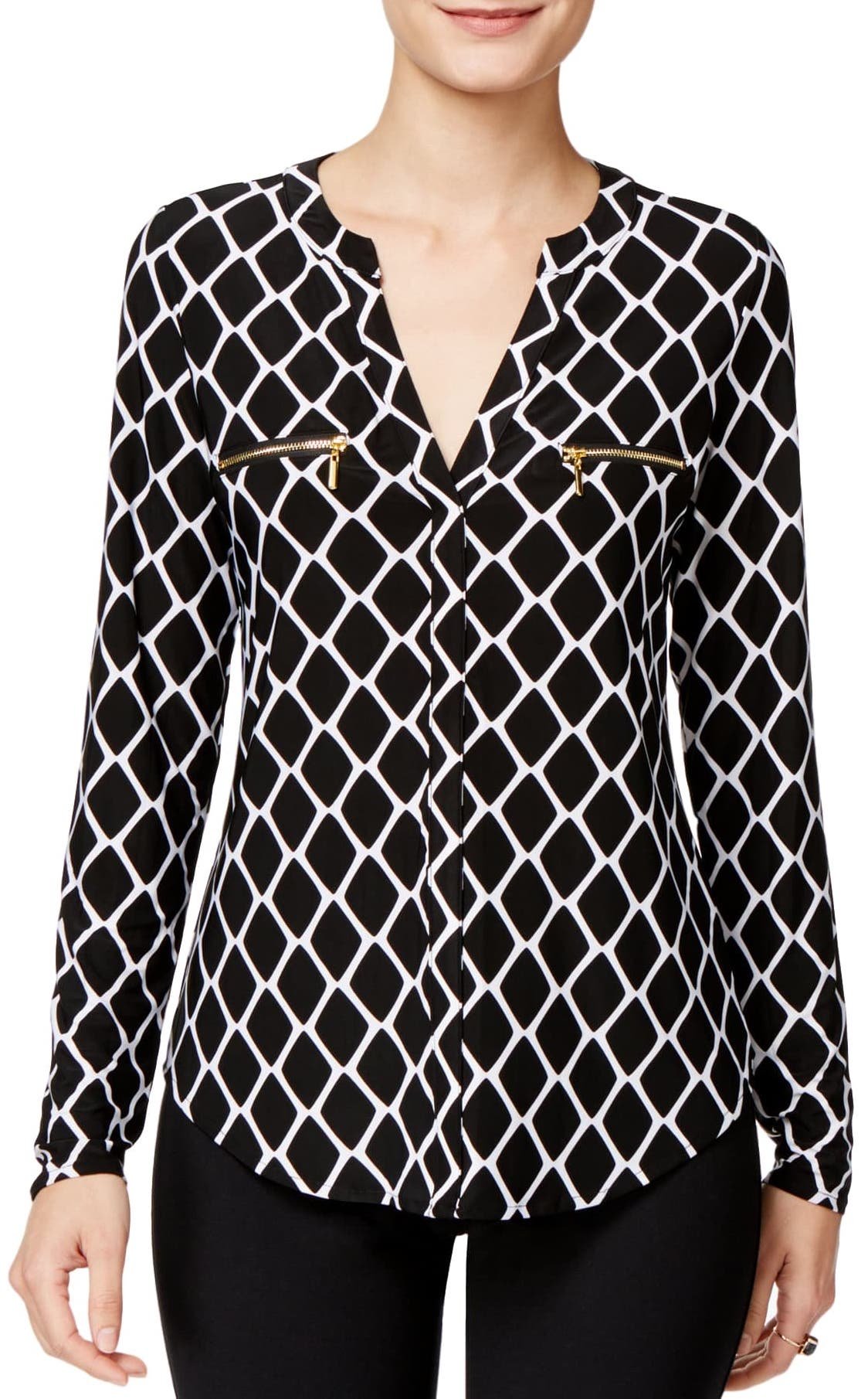 Womens Gold Zip-Pocket Shirt Blouse,Classy Black White Geo Print Long Work Top