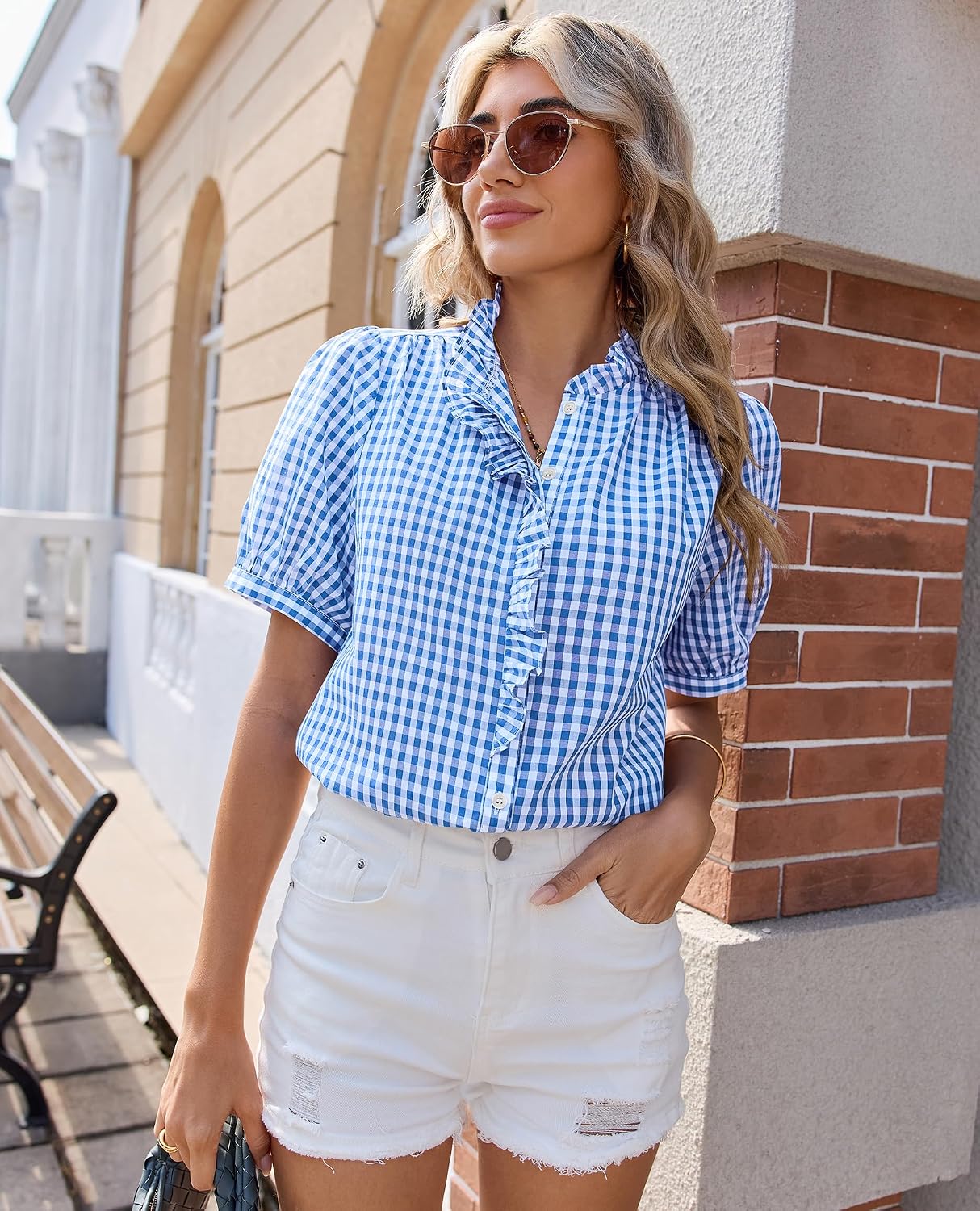 siliteelon Women Plaid Shirt Gingham Short Sleeve Top Button Down Ruffle V Neck Dress Shirts Cotton Casual Work Blouse