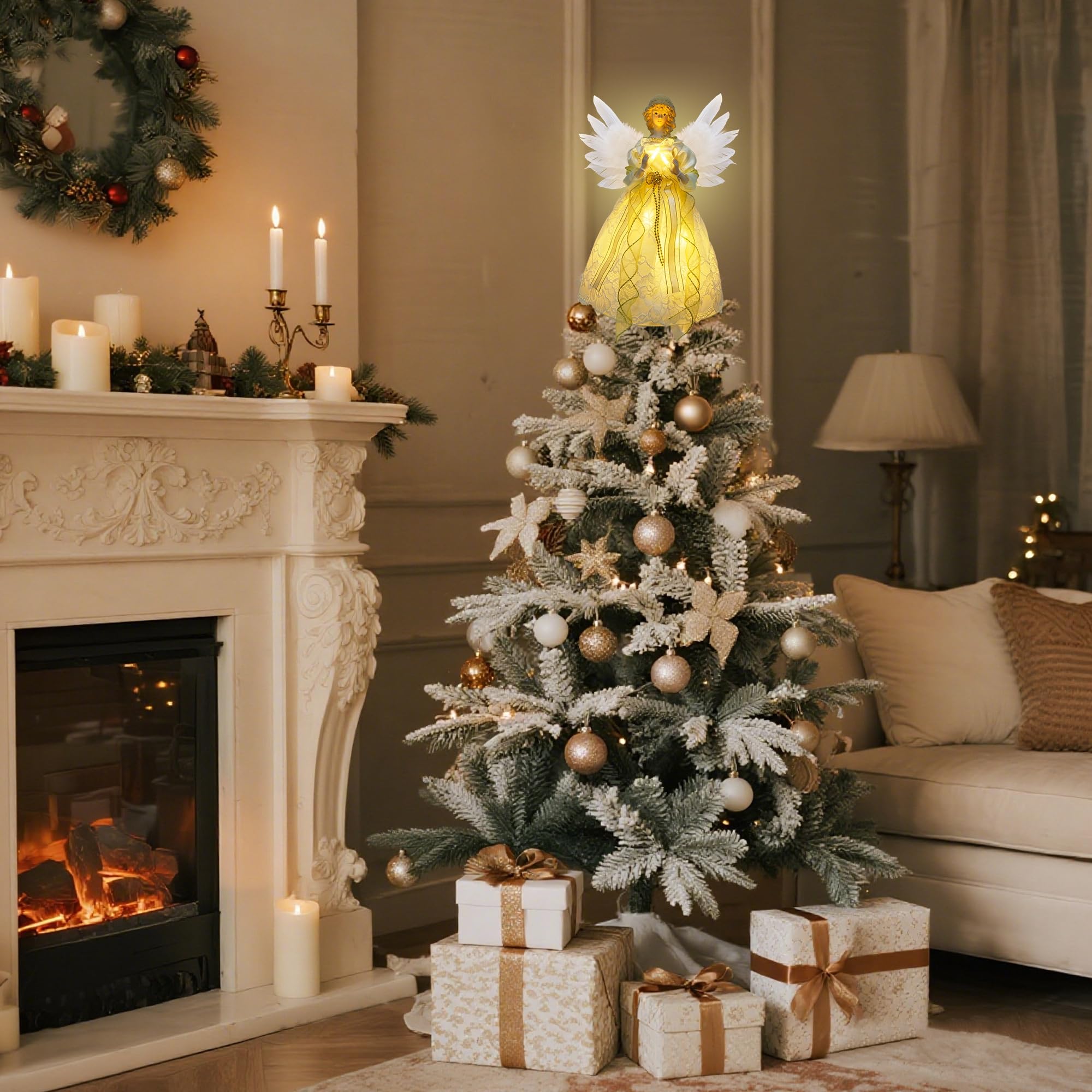 YOFIT Decoración para árbol de Navidad de ángel iluminado de 12 pulgadas, funciona con pilas con luces LED blancas cálidas, adornos de ángel para decoración de árbol de Navidad, decoración navideña