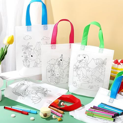 Miniatura 7 de Kajaia 24 bolsas de regalo de dinosaurio para colorear con 14 bolígrafos de acuarela, reutilizables, de dinosaurio, grafiti, bolsas de regalo, no